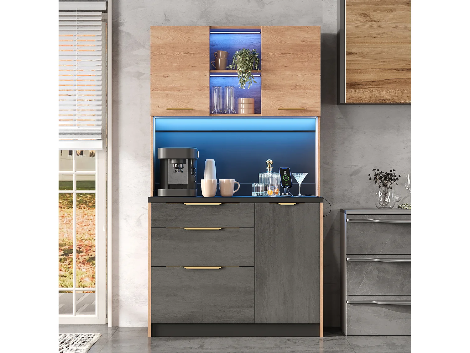 Nowoczesny kredens kuchenny 100x40x180cm - z gniazdkiem i LED - z 3 szufladami i 3 drzwiami - Naturalny + Czarny