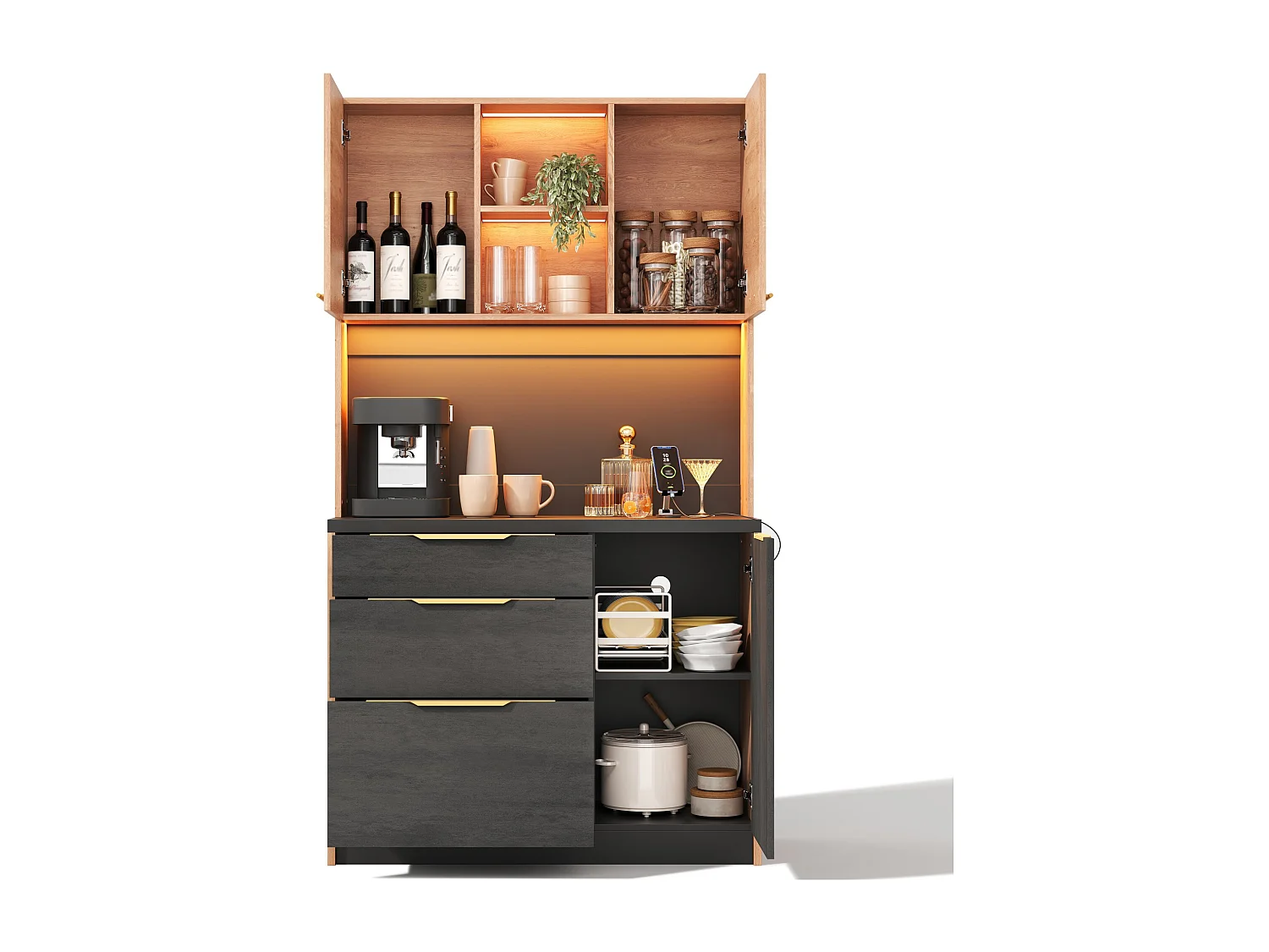 Nowoczesny kredens kuchenny 100x40x180cm - z gniazdkiem i LED - z 3 szufladami i 3 drzwiami - Naturalny + Czarny