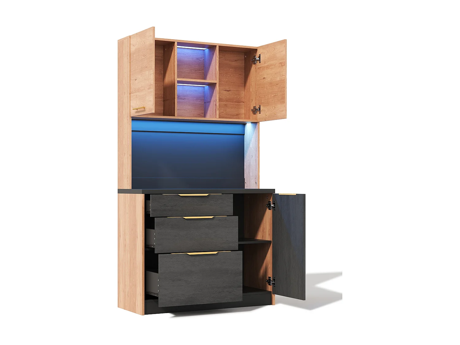 Nowoczesny kredens kuchenny 100x40x180cm - z gniazdkiem i LED - z 3 szufladami i 3 drzwiami - Naturalny + Czarny