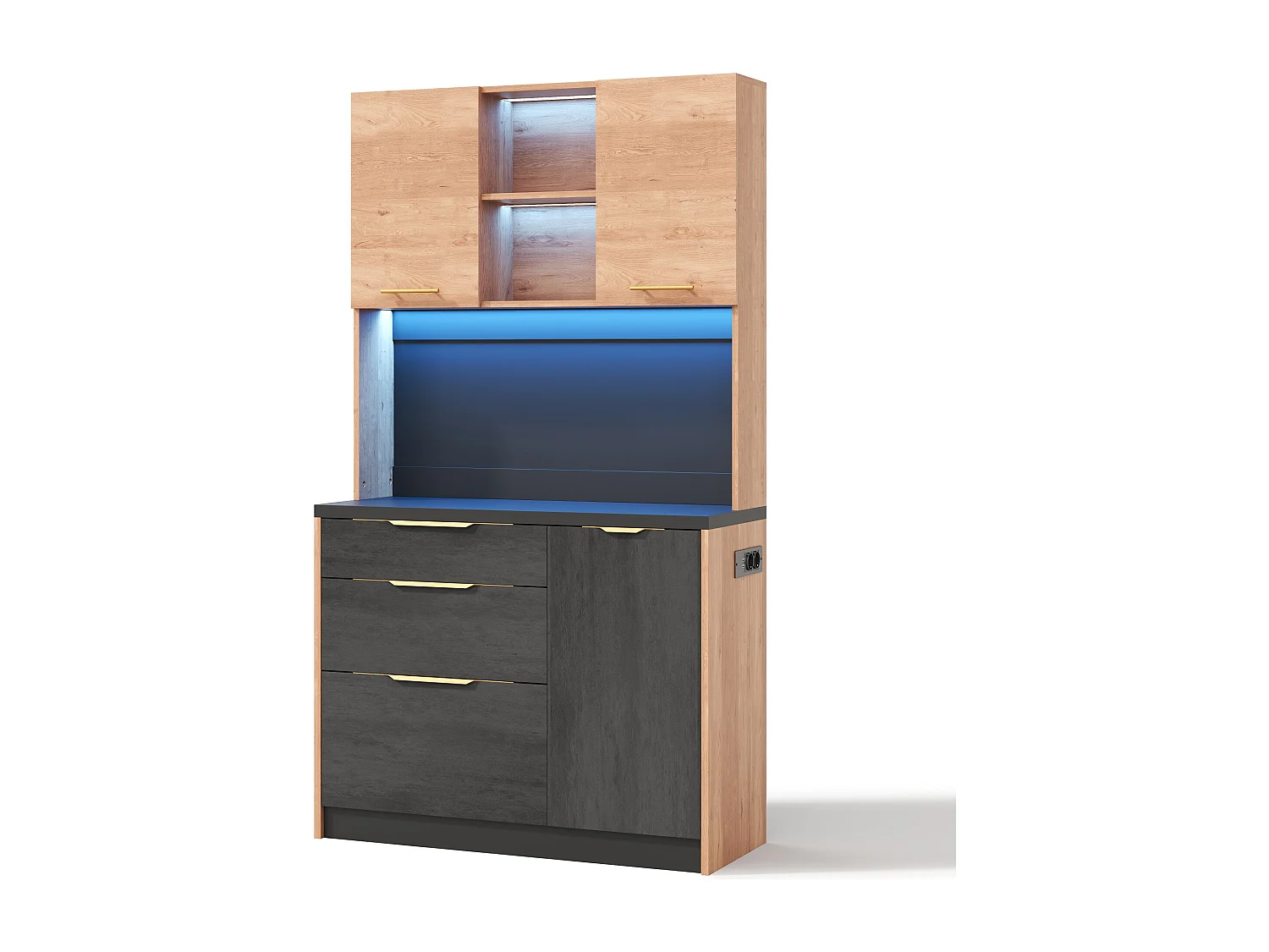 Nowoczesny kredens kuchenny 100x40x180cm - z gniazdkiem i LED - z 3 szufladami i 3 drzwiami - Naturalny + Czarny