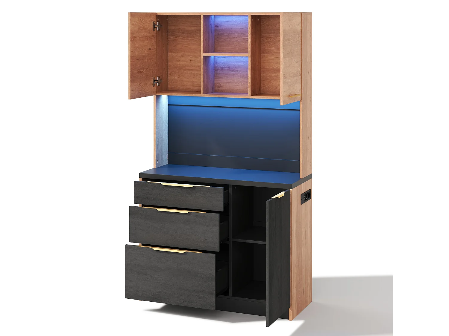 Nowoczesny kredens kuchenny 100x40x180cm - z gniazdkiem i LED - z 3 szufladami i 3 drzwiami - Naturalny + Czarny