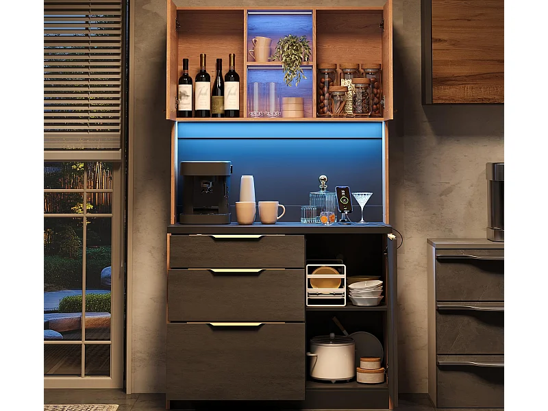 Nowoczesny kredens kuchenny 100x40x180cm - z gniazdkiem i LED - z 3 szufladami i 3 drzwiami - Naturalny + Czarny