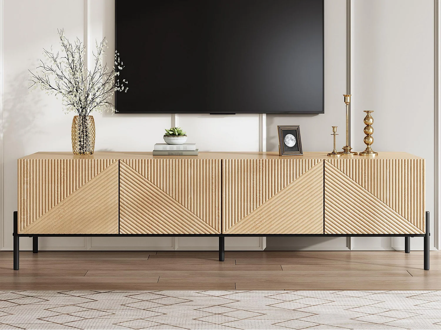 Mobile TV moderno 163,5x40x45 cm - Ripo a 4 ante - Texture 3D - MDF - Naturale