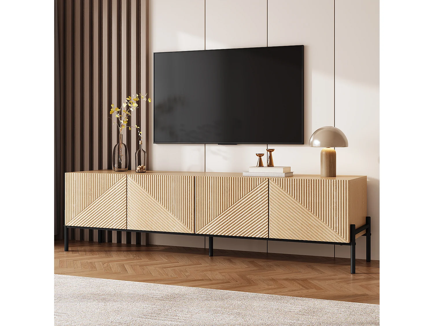Mobile TV moderno 163,5x40x45 cm - Ripo a 4 ante - Texture 3D - MDF - Naturale