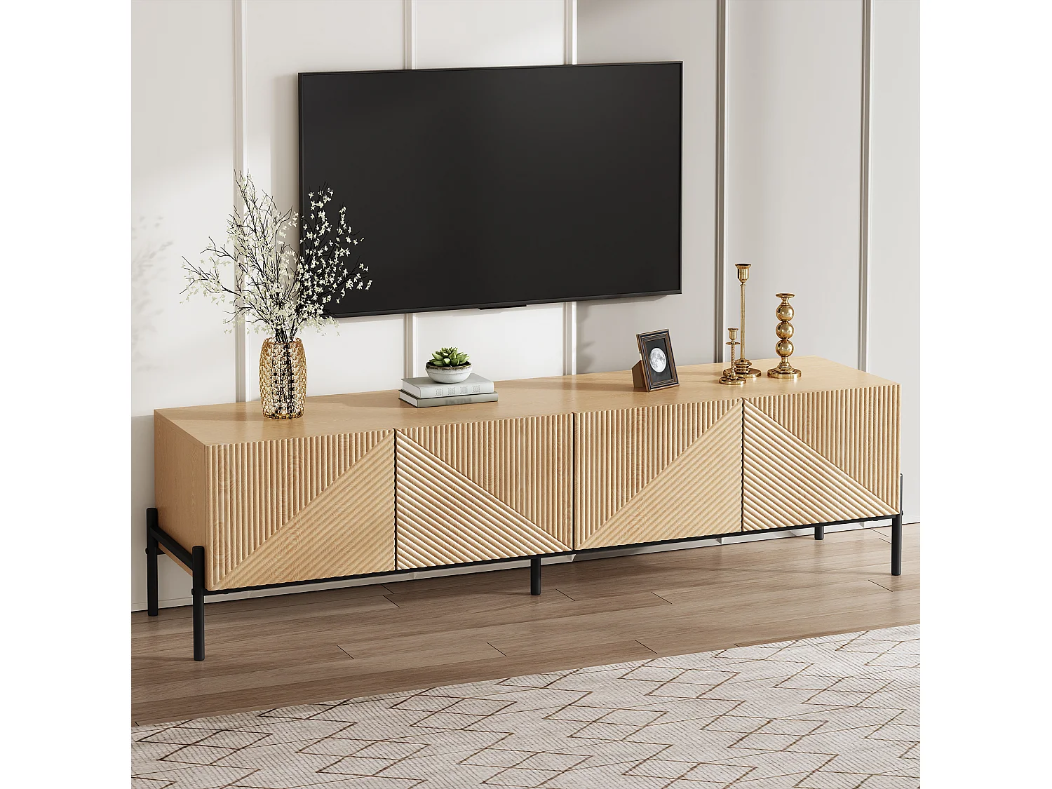 Mobile TV moderno 163,5x40x45 cm - Ripo a 4 ante - Texture 3D - MDF - Naturale