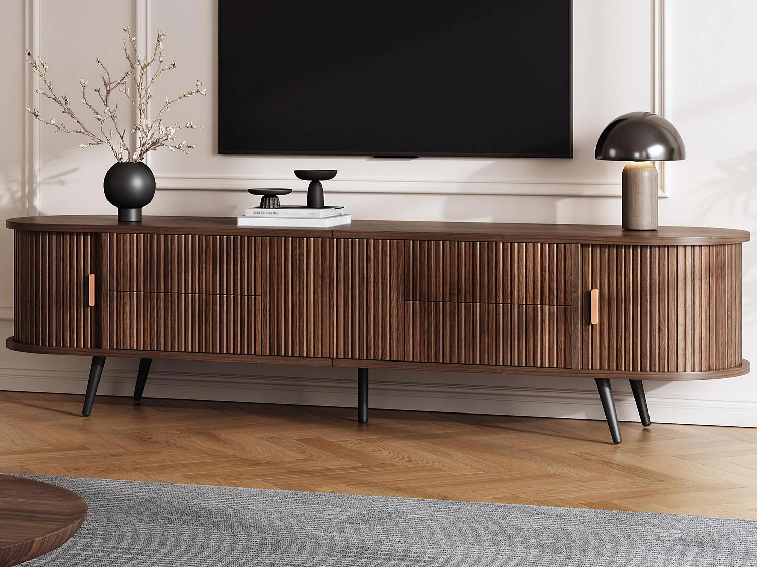 Ovale TV-Schrank 180x40x45 cm - 4 Schubladen und 2 Schiebetüren - MDF - Dunkle Nussbaum