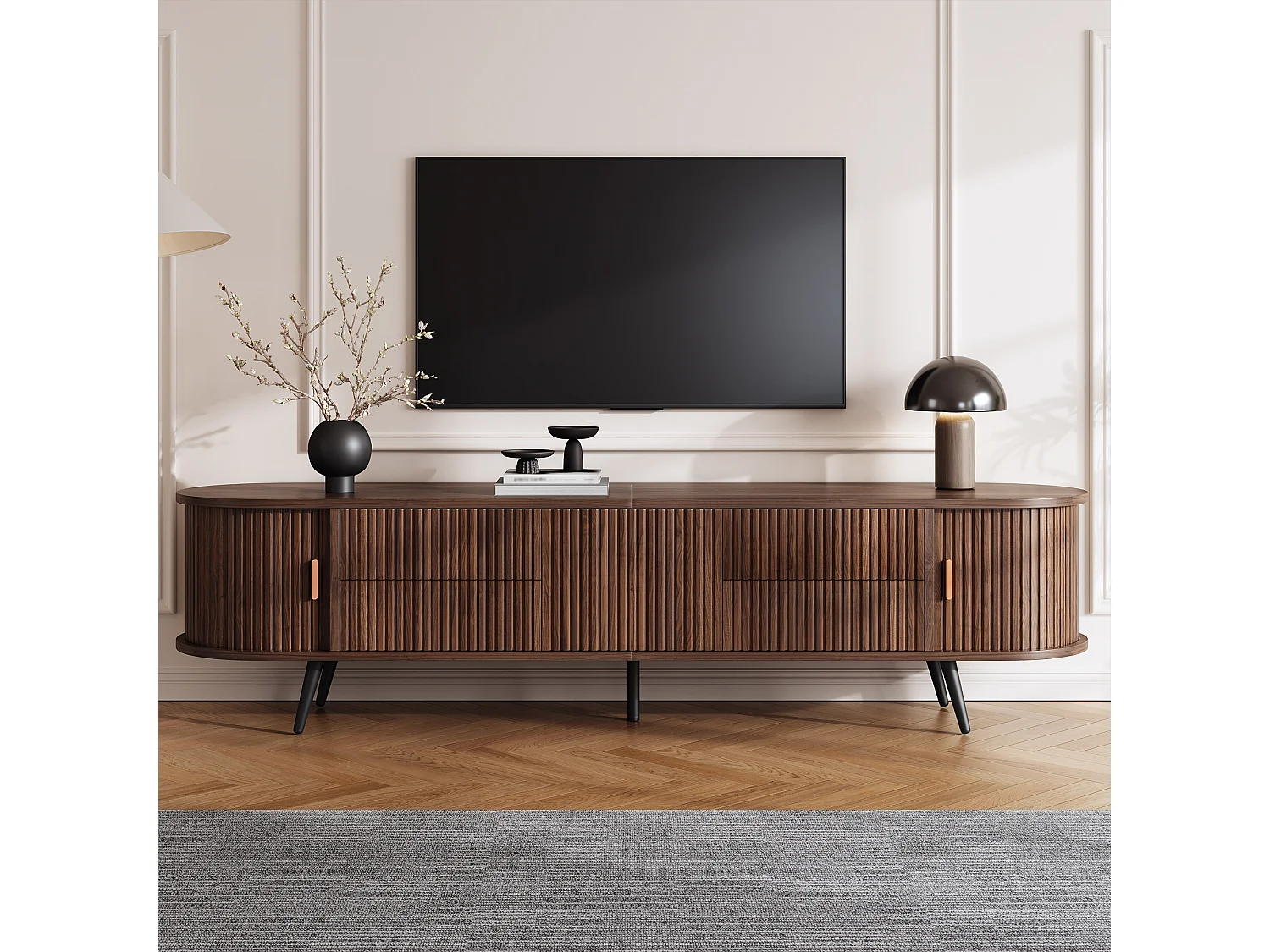 Ovale TV-Schrank 180x40x45 cm - 4 Schubladen und 2 Schiebetüren - MDF - Dunkle Nussbaum