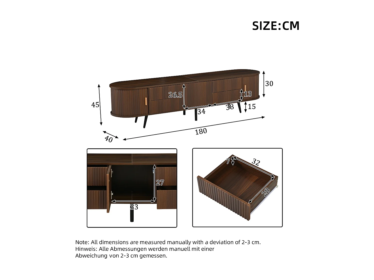 Ovale TV-Schrank 180x40x45 cm - 4 Schubladen und 2 Schiebetüren - MDF - Dunkle Nussbaum