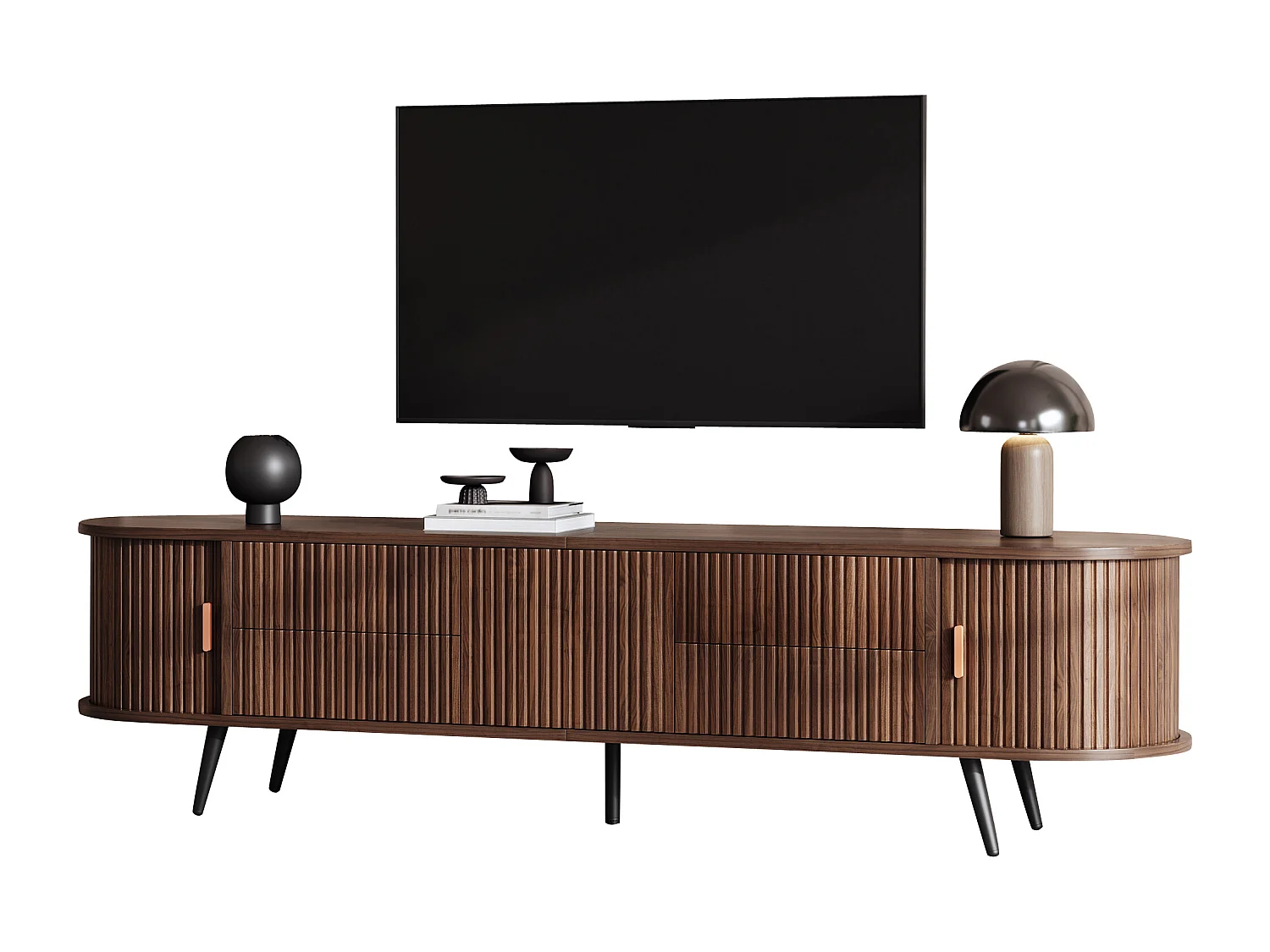 Ovale TV-Schrank 180x40x45 cm - 4 Schubladen und 2 Schiebetüren - MDF - Dunkle Nussbaum