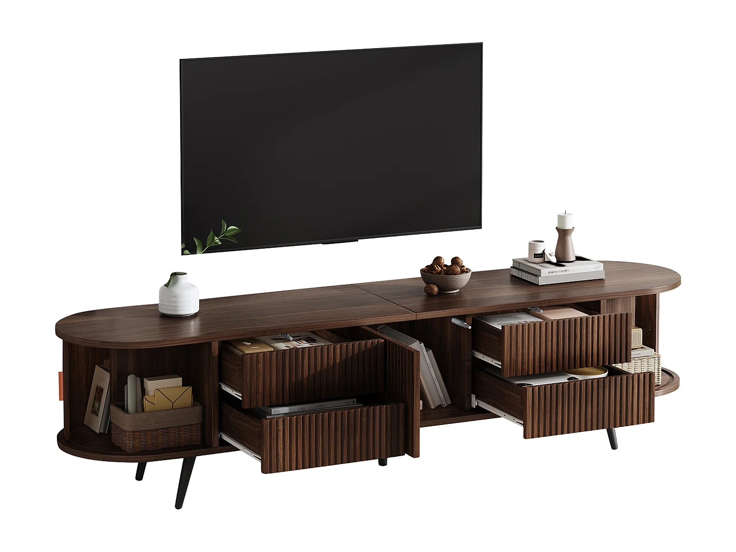 Ovale TV-Schrank 180x40x45 cm - 4 Schubladen und 2 Schiebetüren - MDF - Dunkle Nussbaum