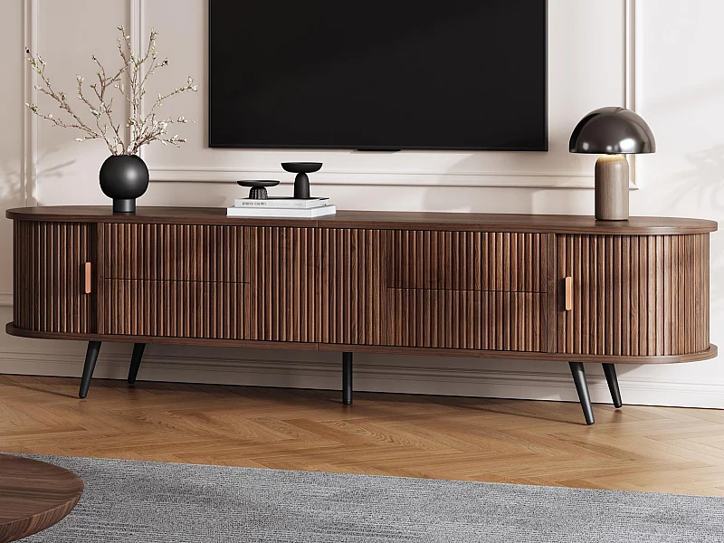 Ovale TV-Schrank 180x40x45 cm - 4 Schubladen und 2 Schiebetüren - MDF - Dunkle Nussbaum