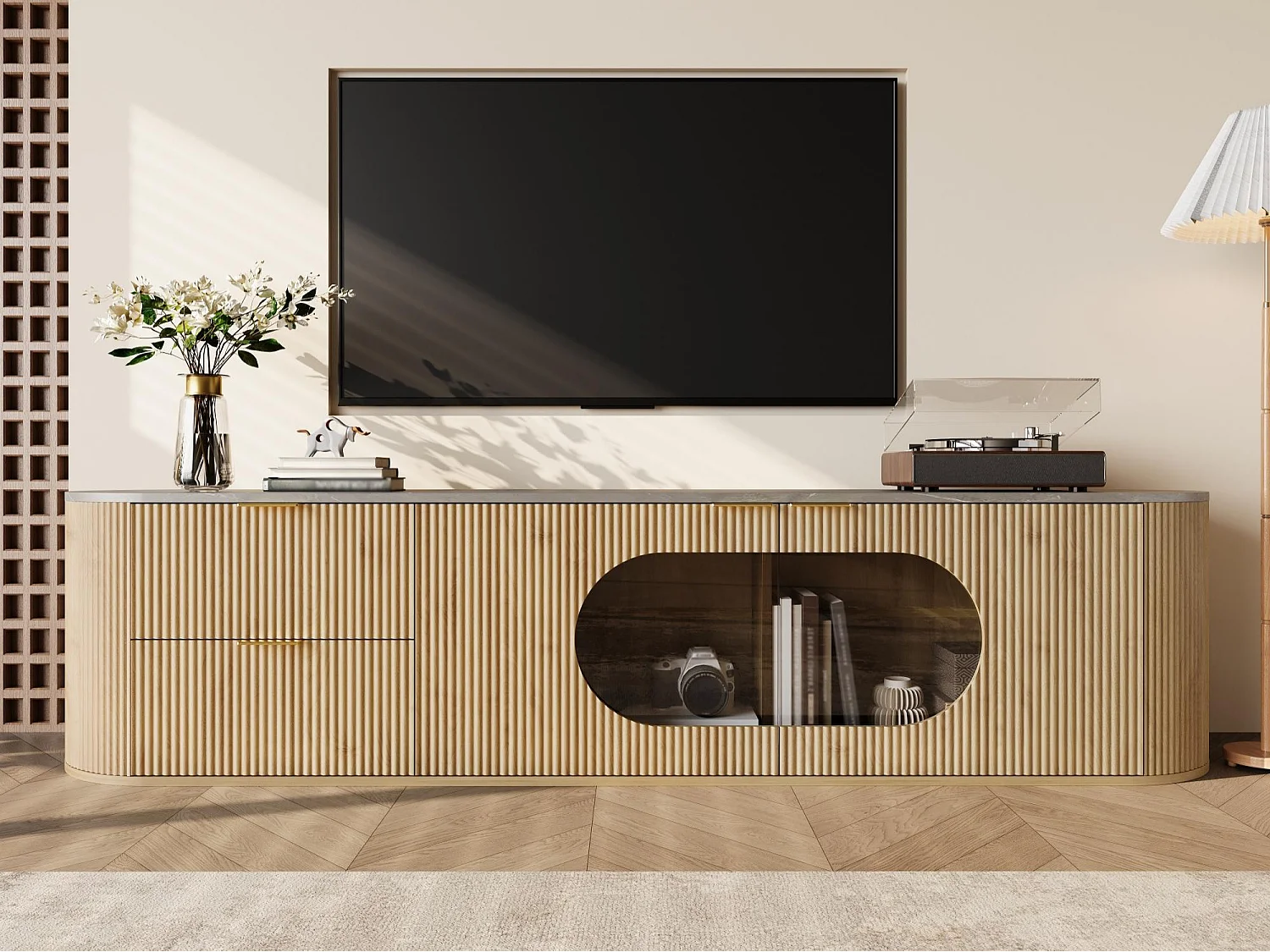 Meuble TV moderne aspect bois - 172x38x45.5 cm - 2 portes et 2 tiroirs - Plateau effet marbre - MDF - Naturel