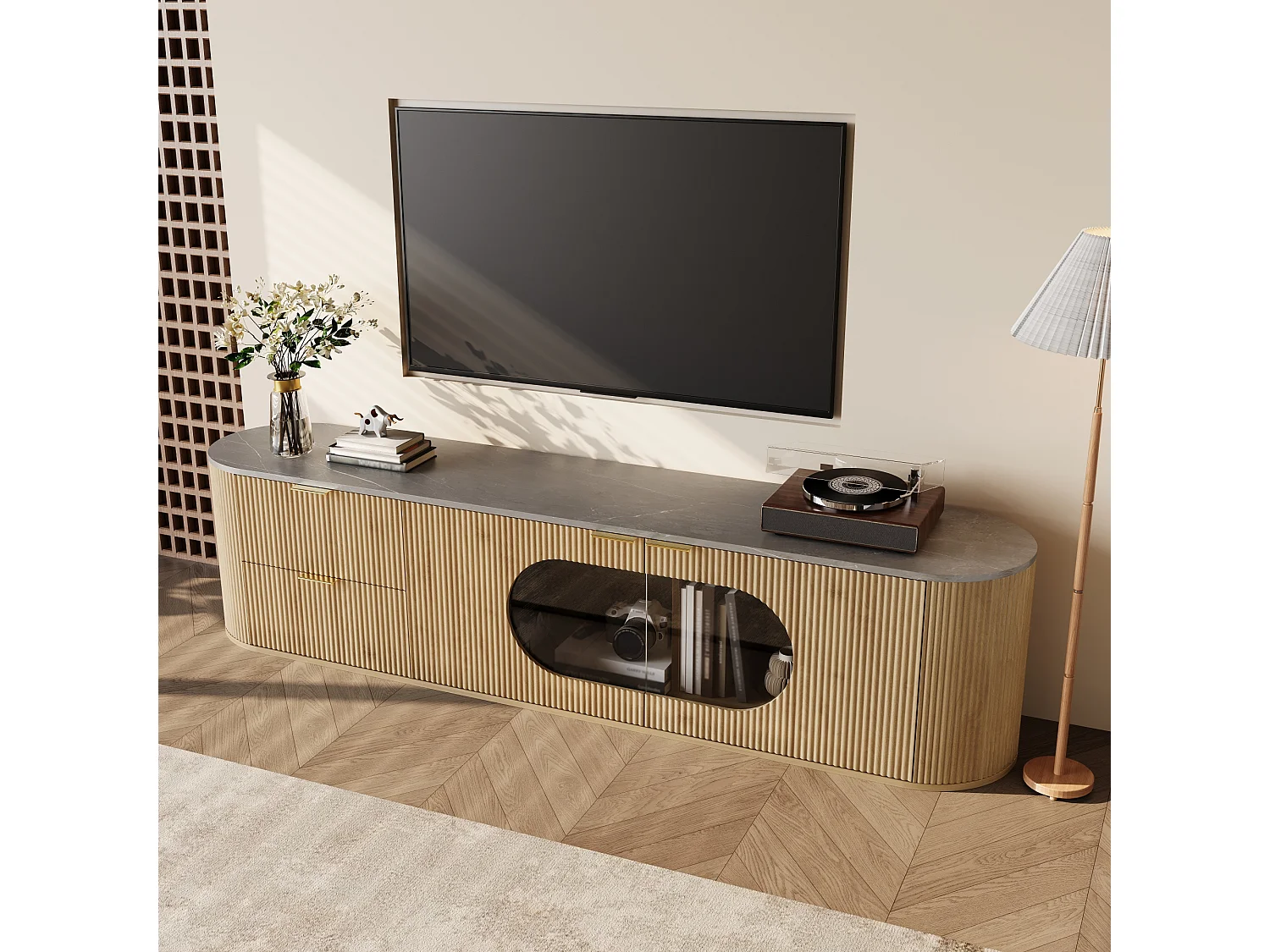 Meuble TV moderne aspect bois - 172x38x45.5 cm - 2 portes et 2 tiroirs - Plateau effet marbre - MDF - Naturel