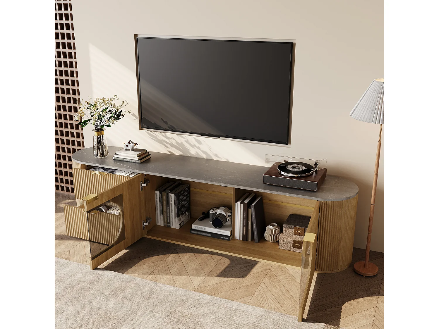 Meuble TV moderne aspect bois - 172x38x45.5 cm - 2 portes et 2 tiroirs - Plateau effet marbre - MDF - Naturel