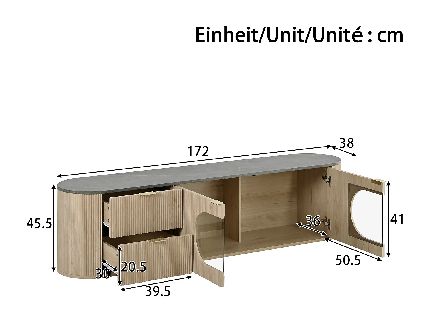 Meuble TV moderne aspect bois - 172x38x45.5 cm - 2 portes et 2 tiroirs - Plateau effet marbre - MDF - Naturel
