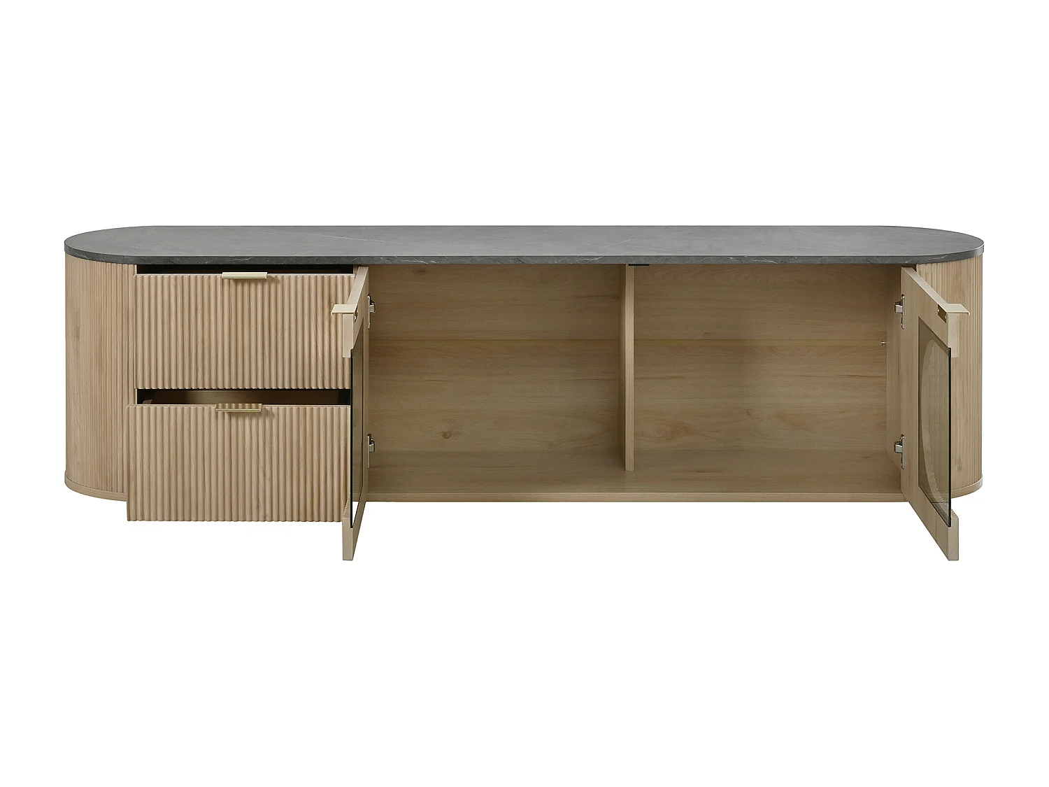 Meuble TV moderne aspect bois - 172x38x45.5 cm - 2 portes et 2 tiroirs - Plateau effet marbre - MDF - Naturel