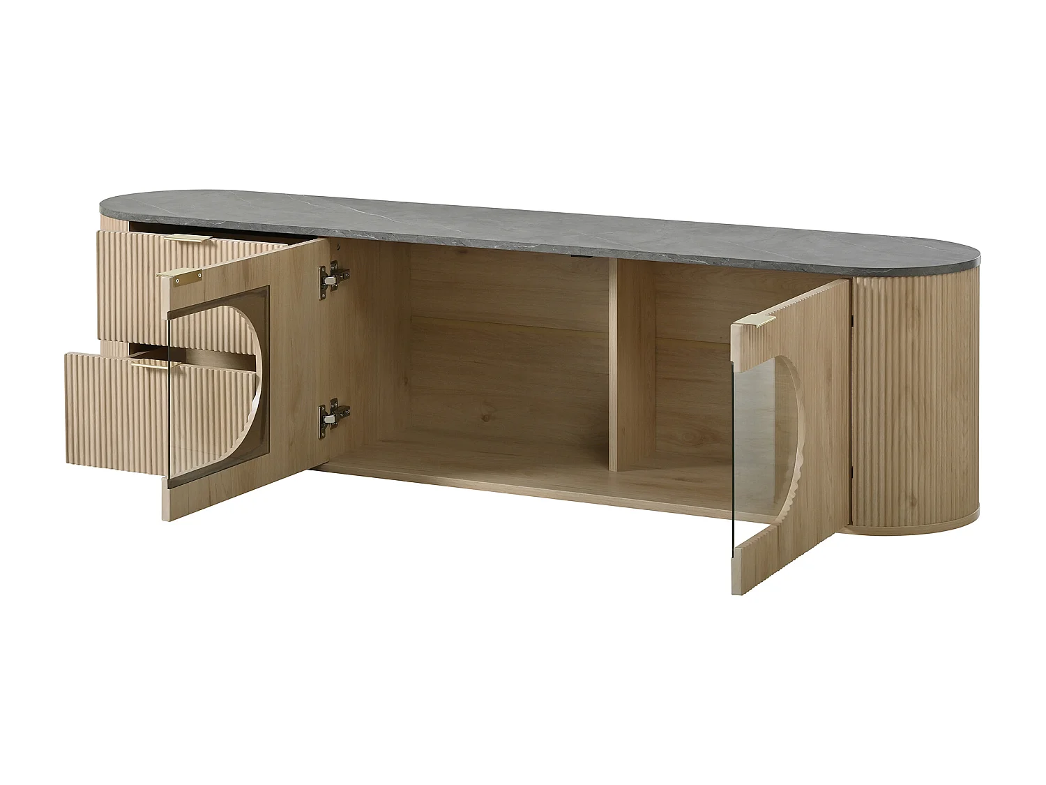 Meuble TV moderne aspect bois - 172x38x45.5 cm - 2 portes et 2 tiroirs - Plateau effet marbre - MDF - Naturel