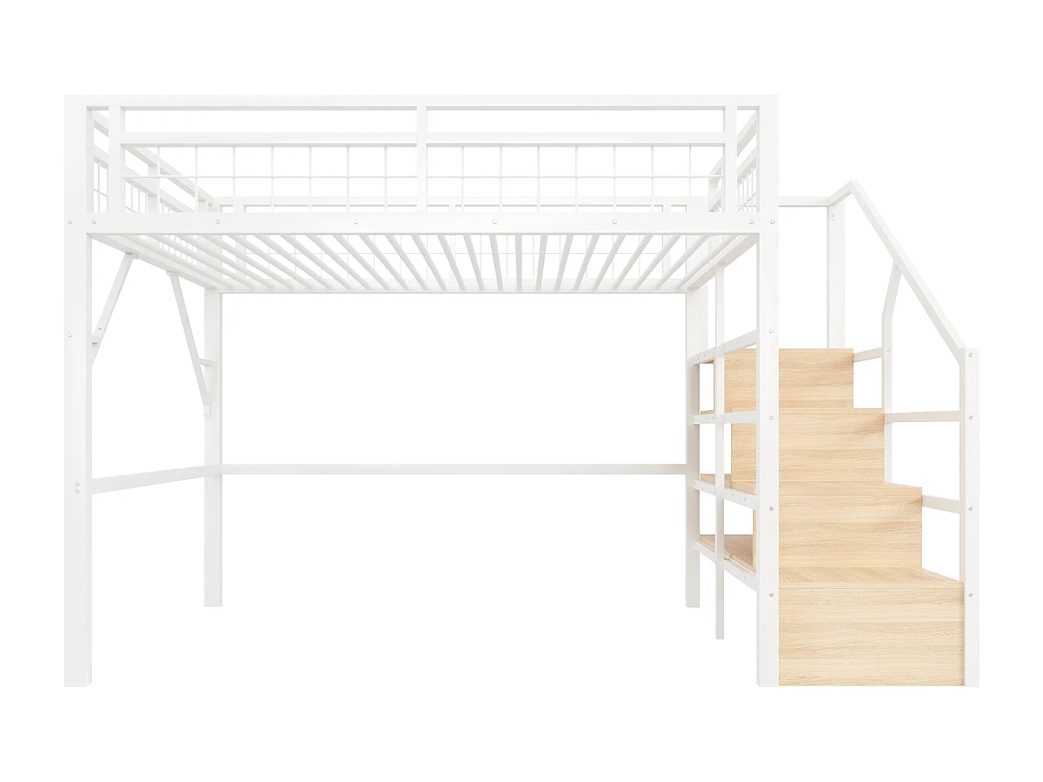 Lit mezzanine 140 x 200 cm - Structure en fer - Éclairage LED - Escalier - Blanc (matelas non inclus)