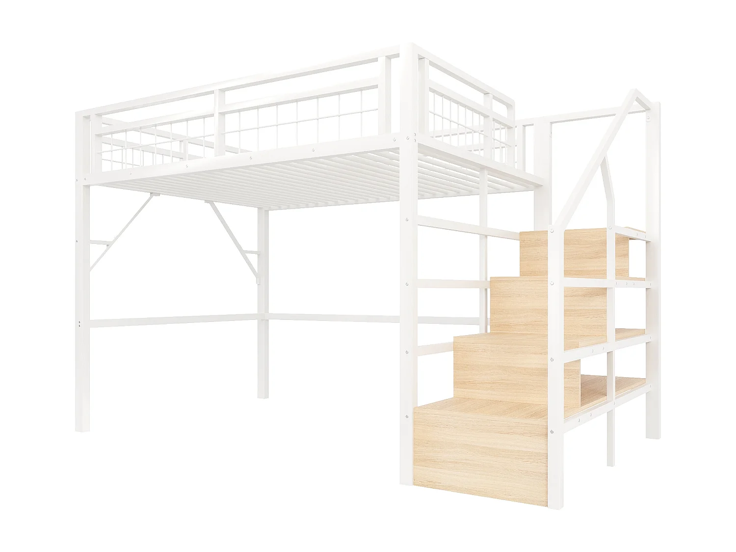 Lit mezzanine 140 x 200 cm - Structure en fer - Éclairage LED - Escalier - Blanc (matelas non inclus)