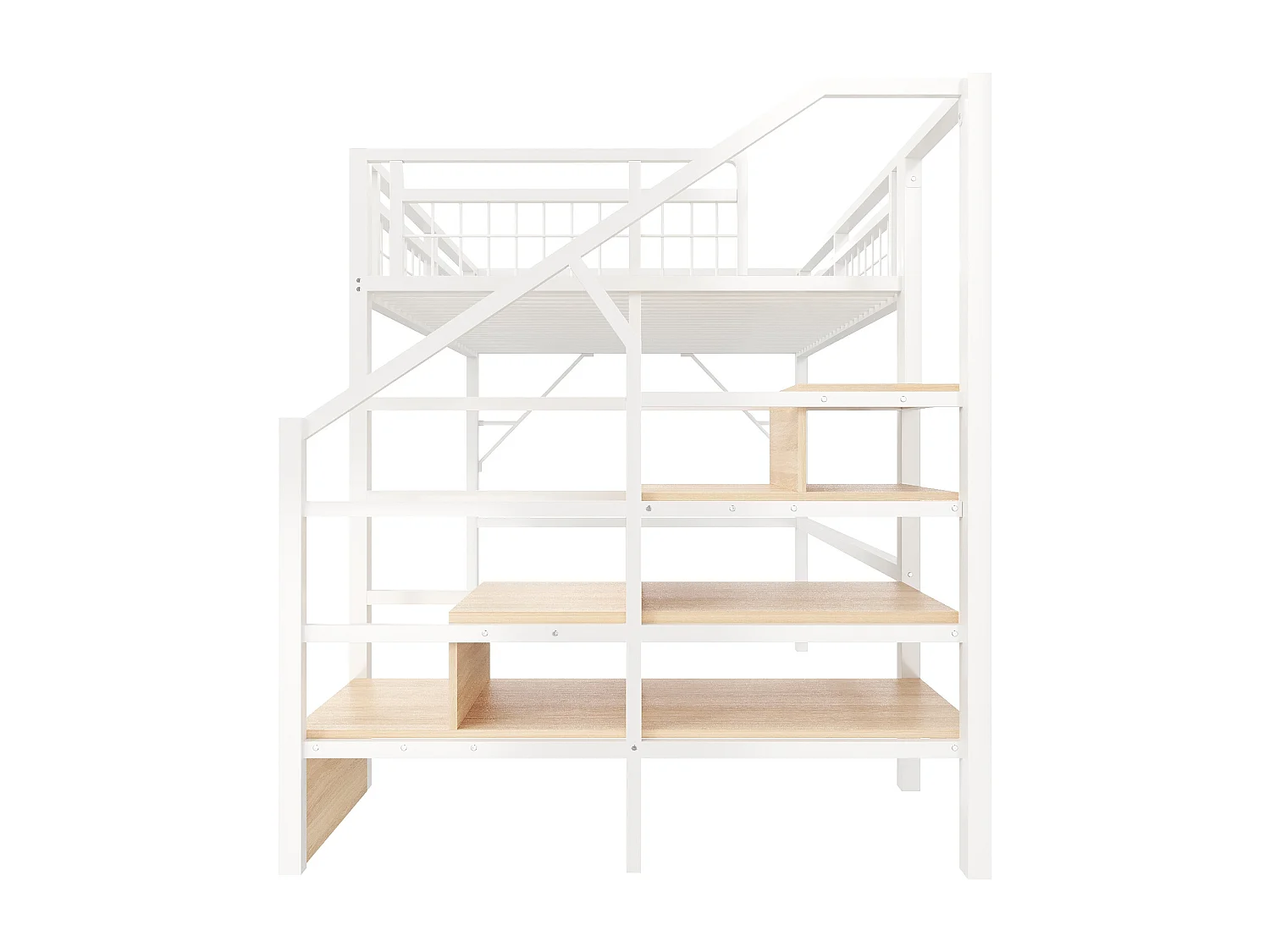 Lit mezzanine 140 x 200 cm - Structure en fer - Éclairage LED - Escalier - Blanc (matelas non inclus)