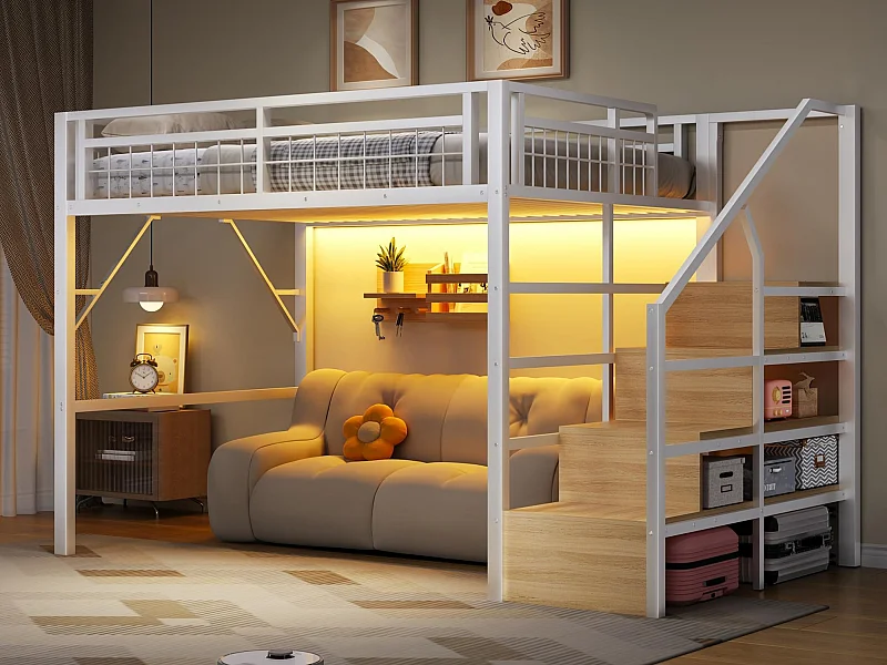 Lit mezzanine 140 x 200 cm - Structure en fer - Éclairage LED - Escalier - Blanc (matelas non inclus)