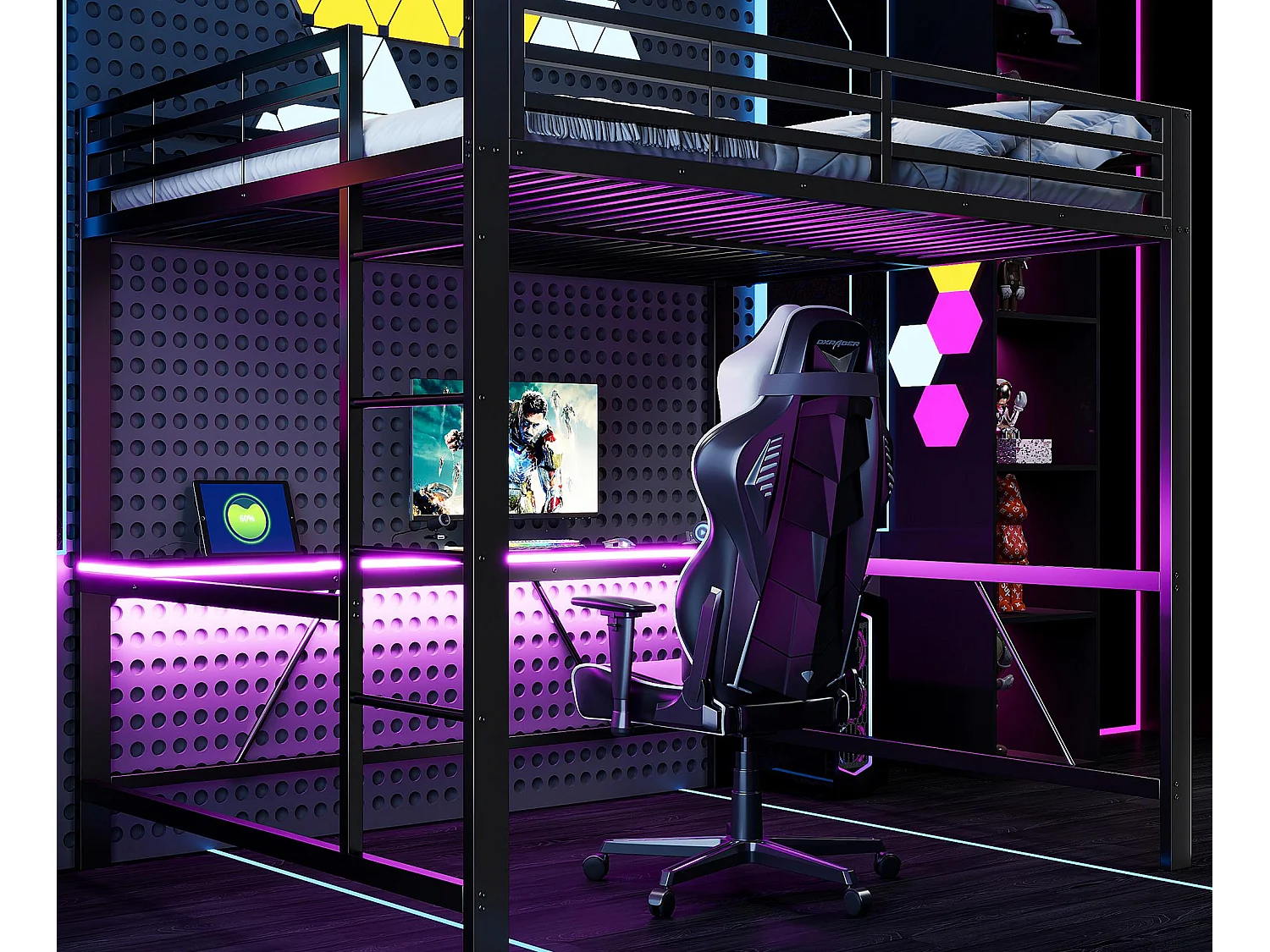 Metall-Hochbett 160x200cm - mit Schreibtisch - mit LED-Beleuchtung und USB-Ladeanschluss - Schwarz​ (ohne Matratze)