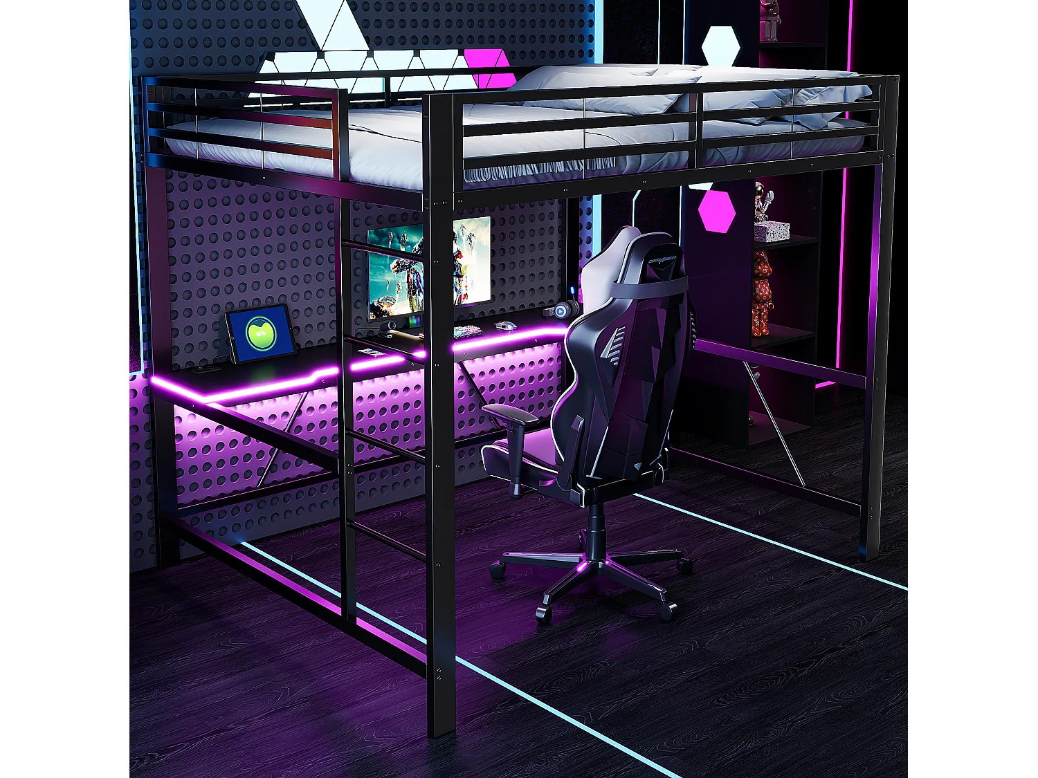 Metall-Hochbett 160x200cm - mit Schreibtisch - mit LED-Beleuchtung und USB-Ladeanschluss - Schwarz​ (ohne Matratze)