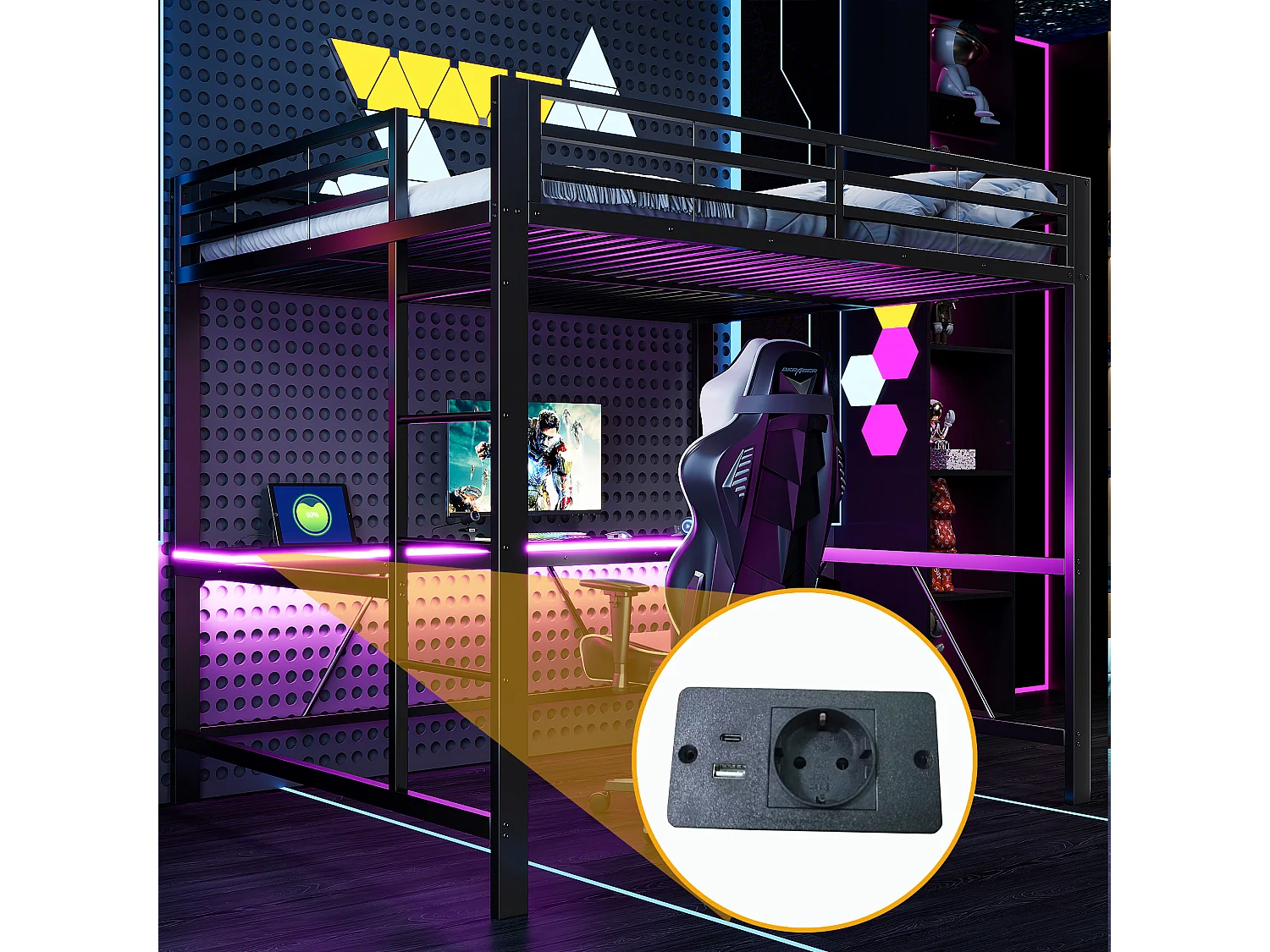 Metall-Hochbett 160x200cm - mit Schreibtisch - mit LED-Beleuchtung und USB-Ladeanschluss - Schwarz​ (ohne Matratze)