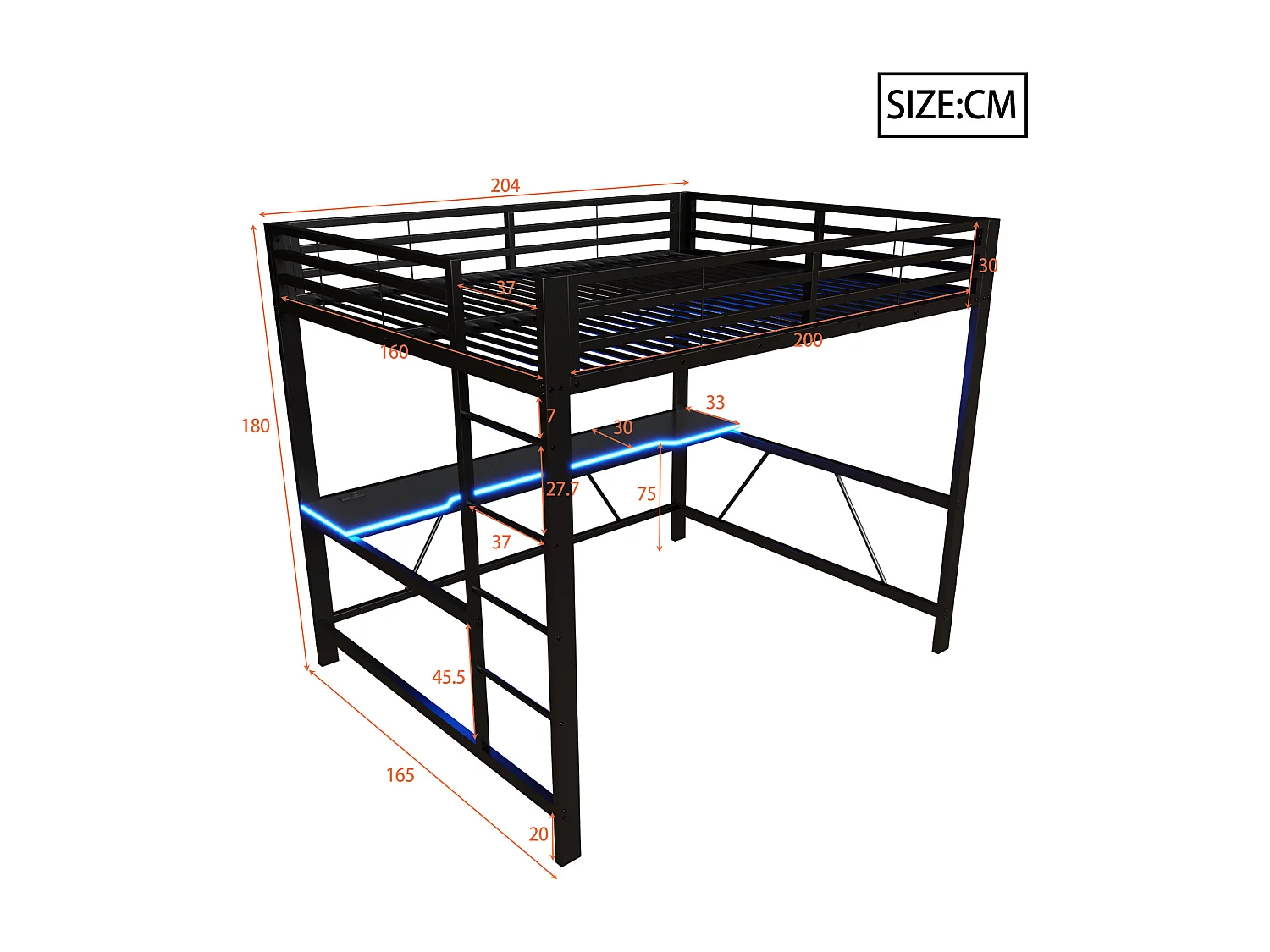 Metall-Hochbett 160x200cm - mit Schreibtisch - mit LED-Beleuchtung und USB-Ladeanschluss - Schwarz​ (ohne Matratze)
