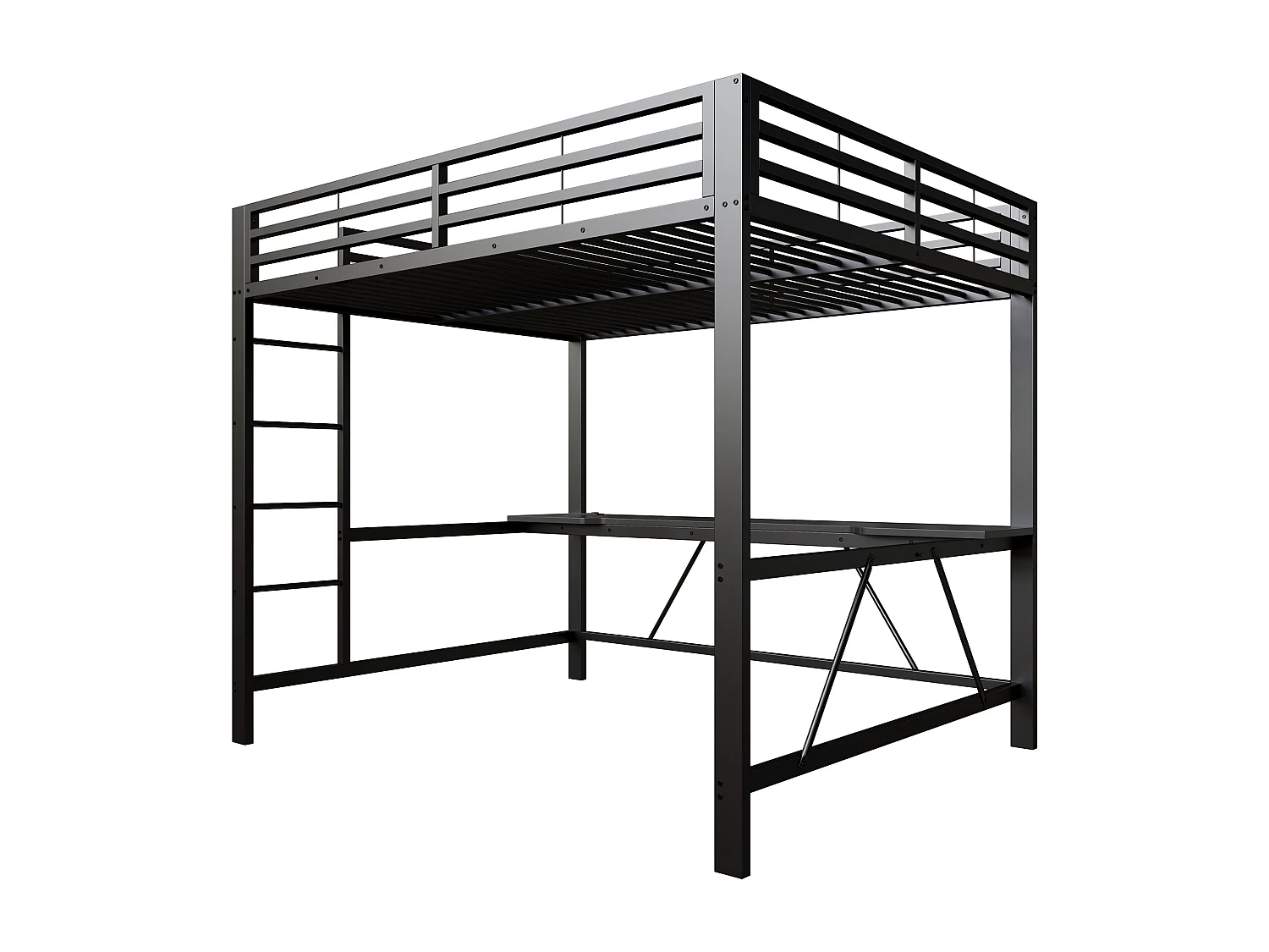 Metall-Hochbett 160x200cm - mit Schreibtisch - mit LED-Beleuchtung und USB-Ladeanschluss - Schwarz​ (ohne Matratze)