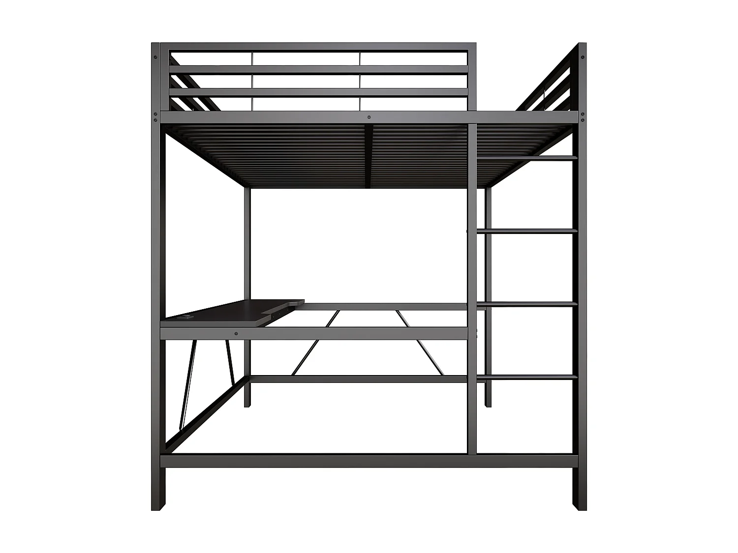 Metall-Hochbett 160x200cm - mit Schreibtisch - mit LED-Beleuchtung und USB-Ladeanschluss - Schwarz​ (ohne Matratze)