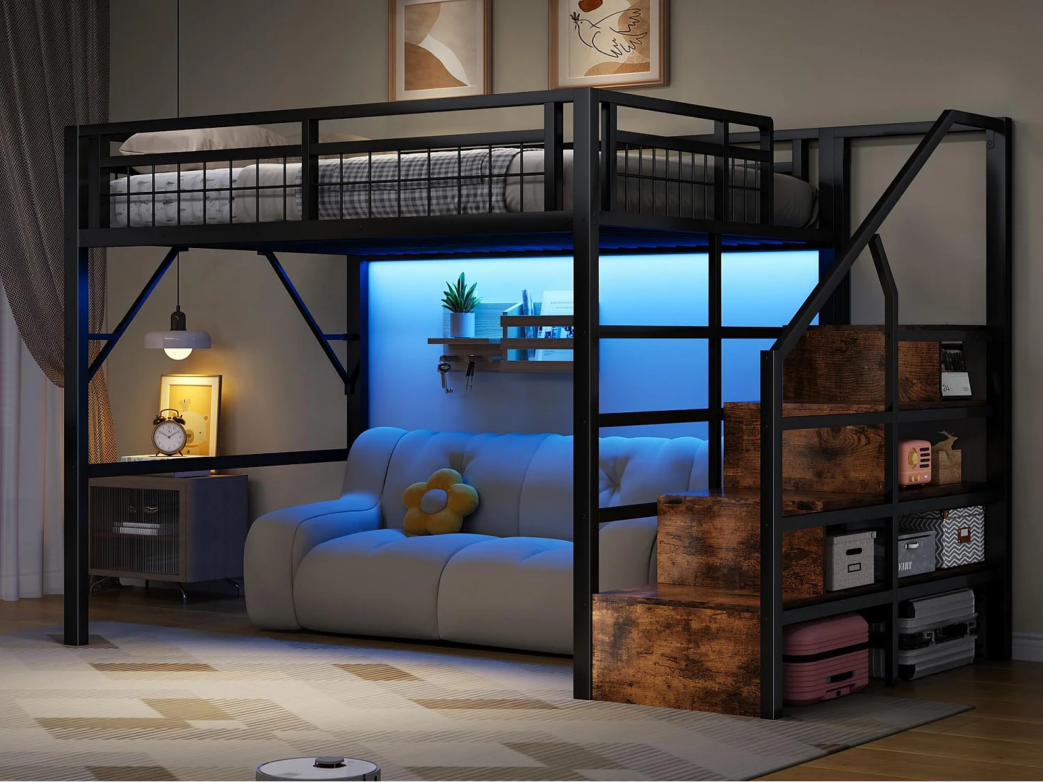 Lit mezzanine 140 x 200 cm - Structure en fer - Éclairage LED - Escalier - Noir (matelas non inclus)