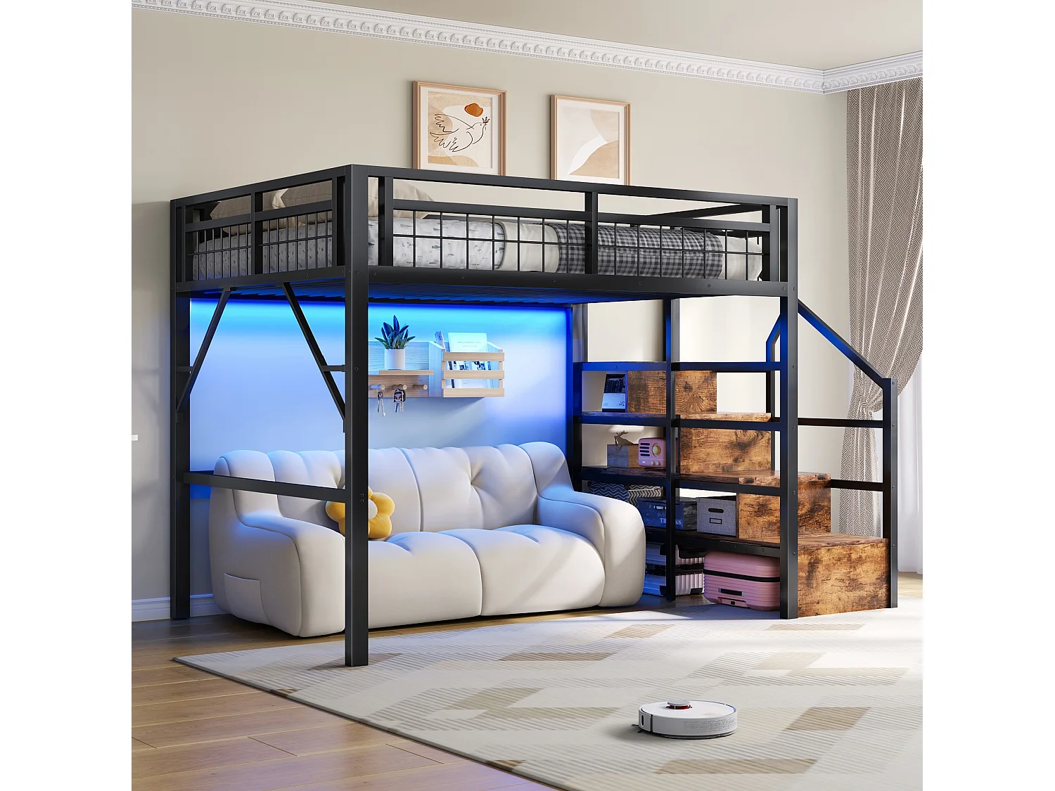 Lit mezzanine 140 x 200 cm - Structure en fer - Éclairage LED - Escalier - Noir (matelas non inclus)