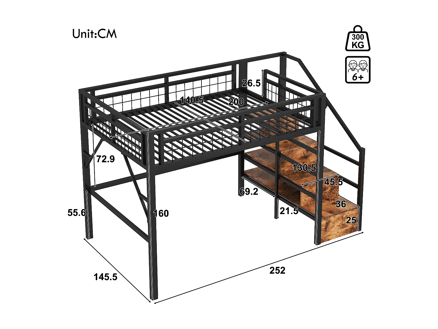 Lit mezzanine 140 x 200 cm - Structure en fer - Éclairage LED - Escalier - Noir (matelas non inclus)