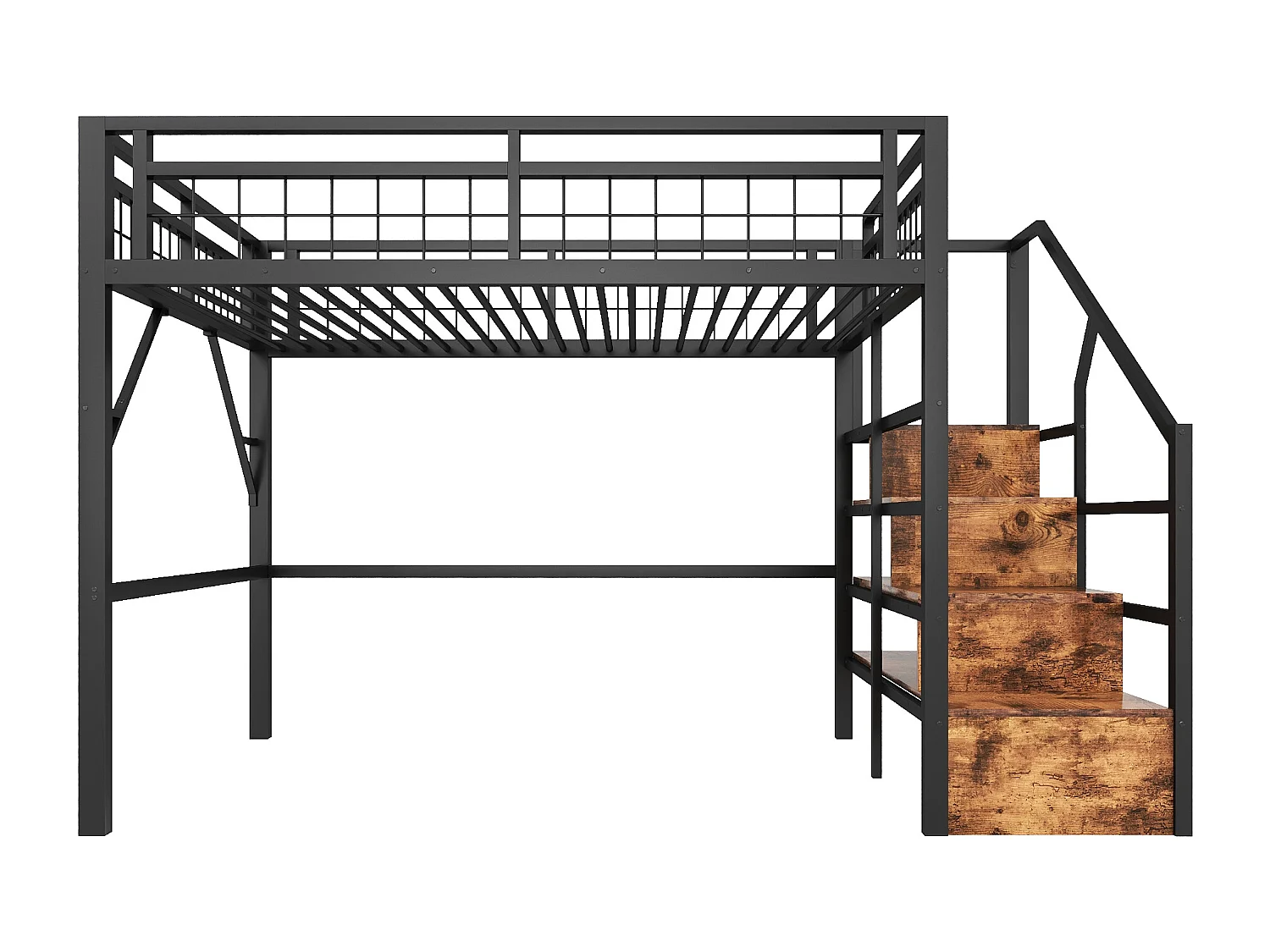 Lit mezzanine 140 x 200 cm - Structure en fer - Éclairage LED - Escalier - Noir (matelas non inclus)