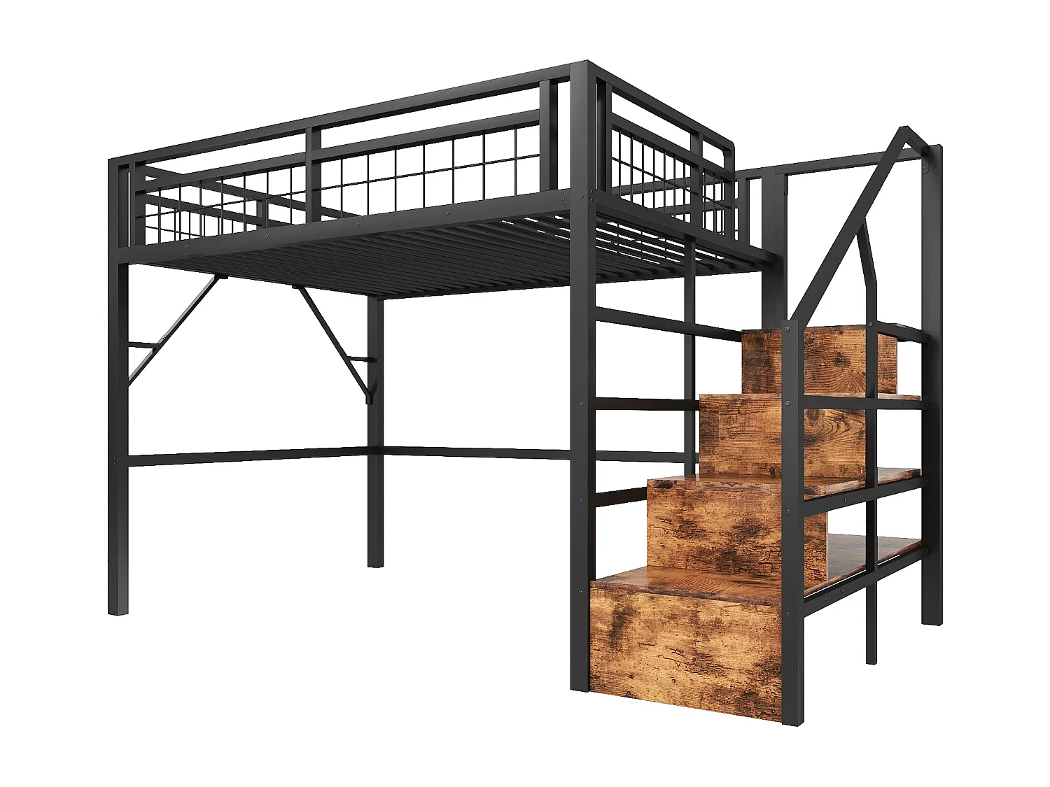 Lit mezzanine 140 x 200 cm - Structure en fer - Éclairage LED - Escalier - Noir (matelas non inclus)