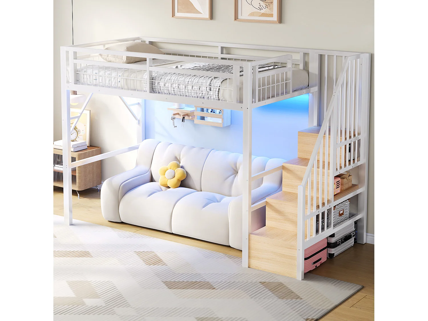 Lit mezzanine 90 x 200 cm - Structure en fer - Éclairage LED - Escalier - Blanc (matelas non inclus)