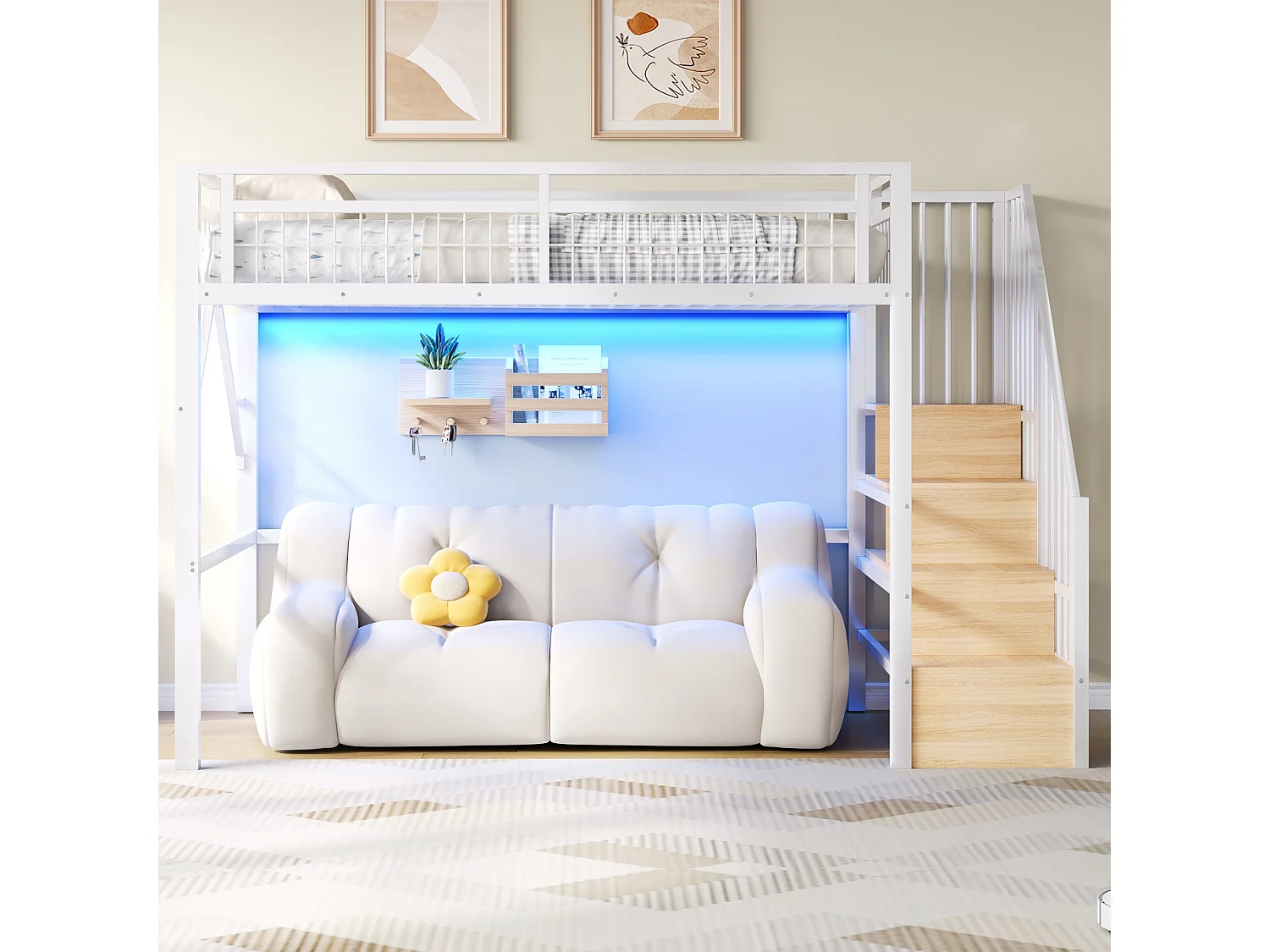 Lit mezzanine 90 x 200 cm - Structure en fer - Éclairage LED - Escalier - Blanc (matelas non inclus)