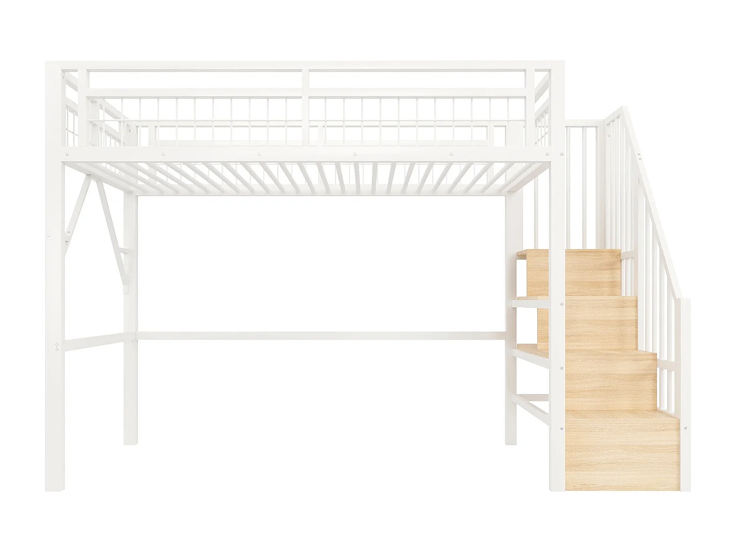 Lit mezzanine 90 x 200 cm - Structure en fer - Éclairage LED - Escalier - Blanc (matelas non inclus)