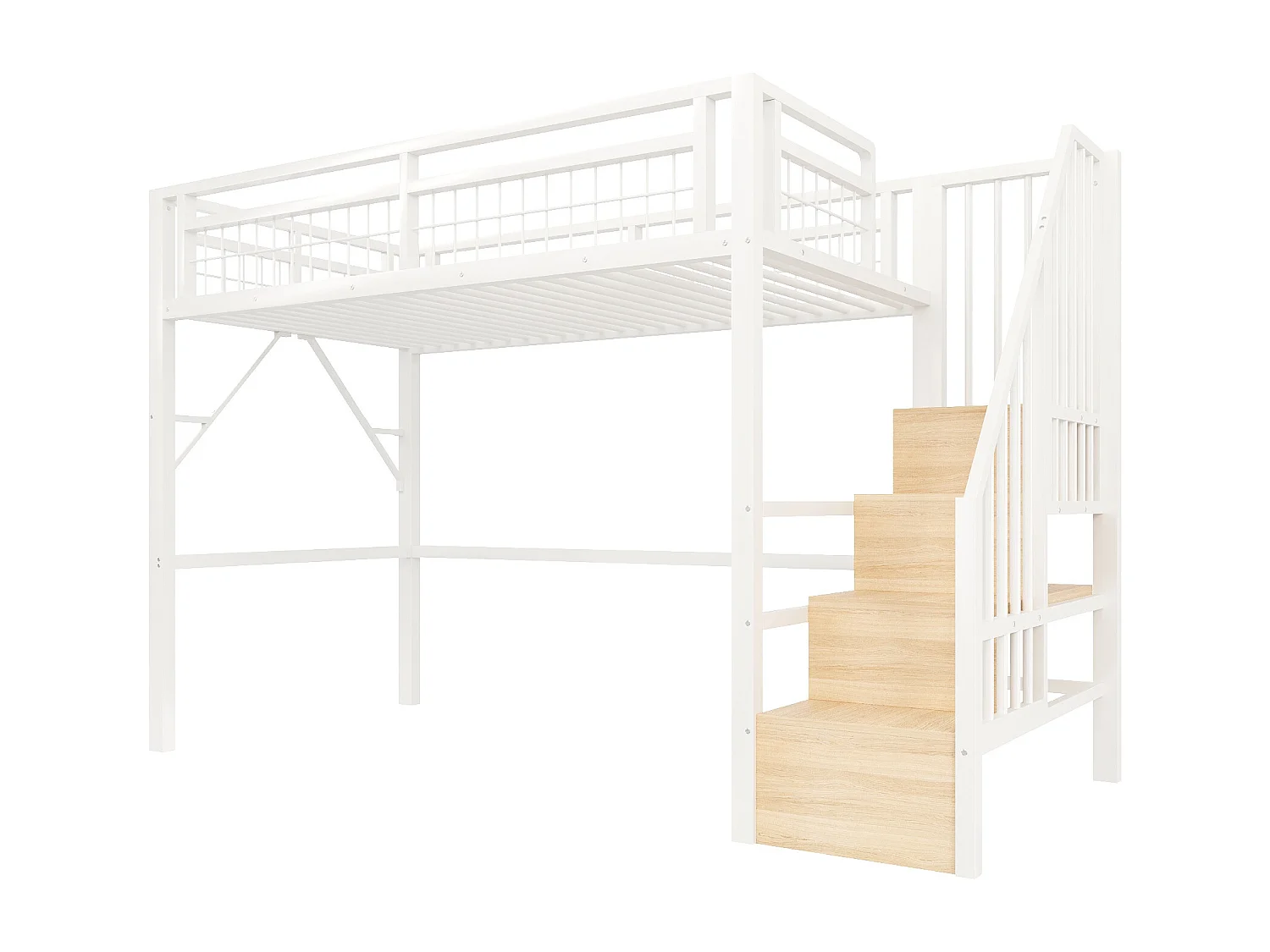 Lit mezzanine 90 x 200 cm - Structure en fer - Éclairage LED - Escalier - Blanc (matelas non inclus)