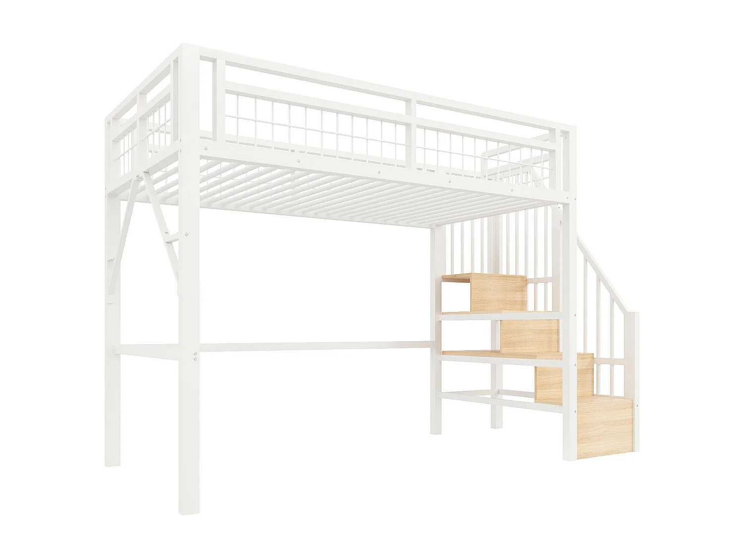 Lit mezzanine 90 x 200 cm - Structure en fer - Éclairage LED - Escalier - Blanc (matelas non inclus)