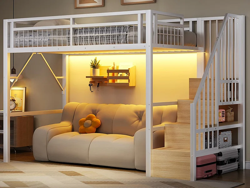 Hochbett 90 x 200 cm - Stahlkonstruktion - LED-Beleuchtung - Leiter - Weiß​ (Matratze nicht inbegriffen)