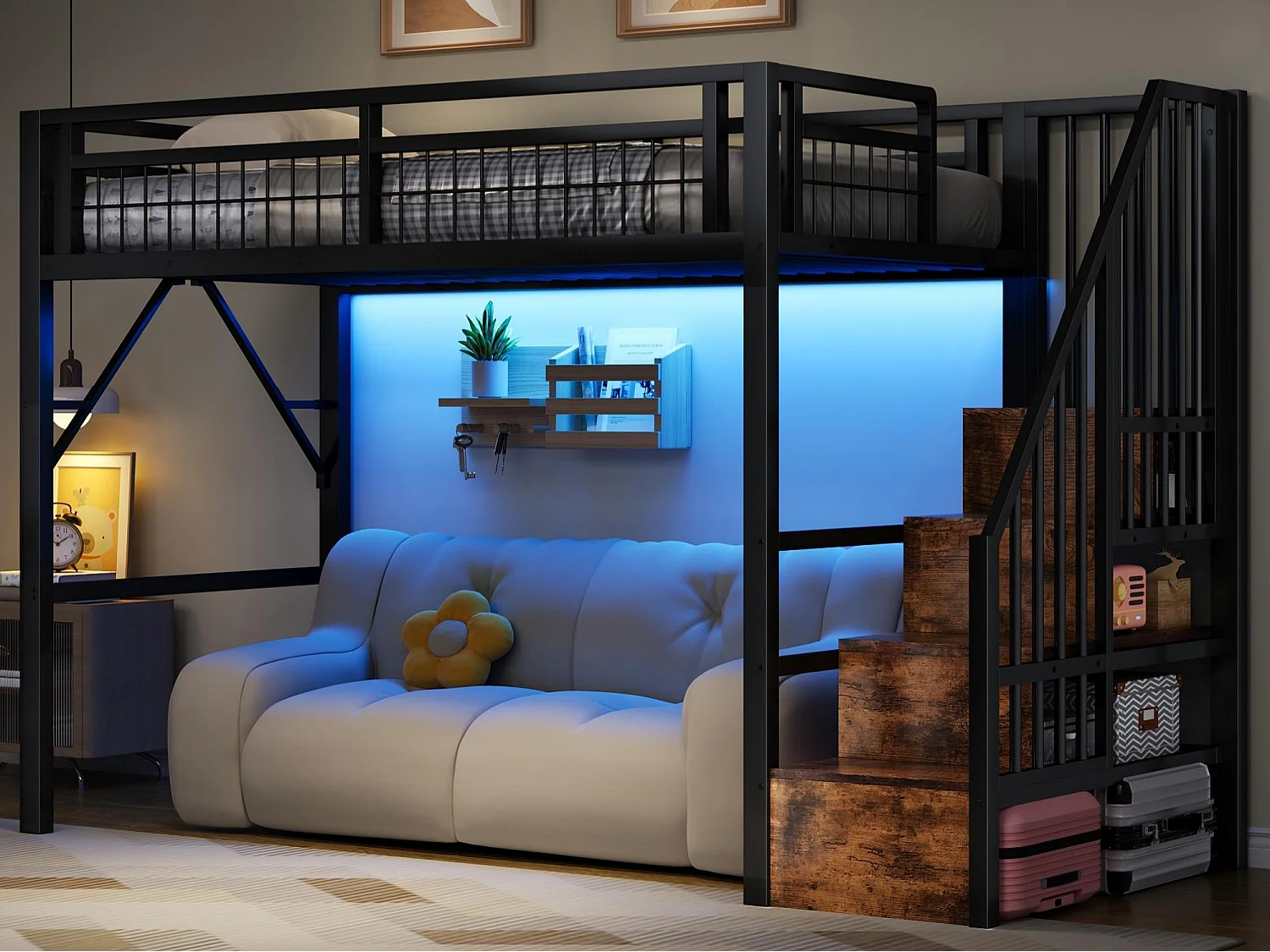 Lit mezzanine 90 x 200 cm - Structure en fer - Éclairage LED - Escalier - Noir (matelas non inclus)