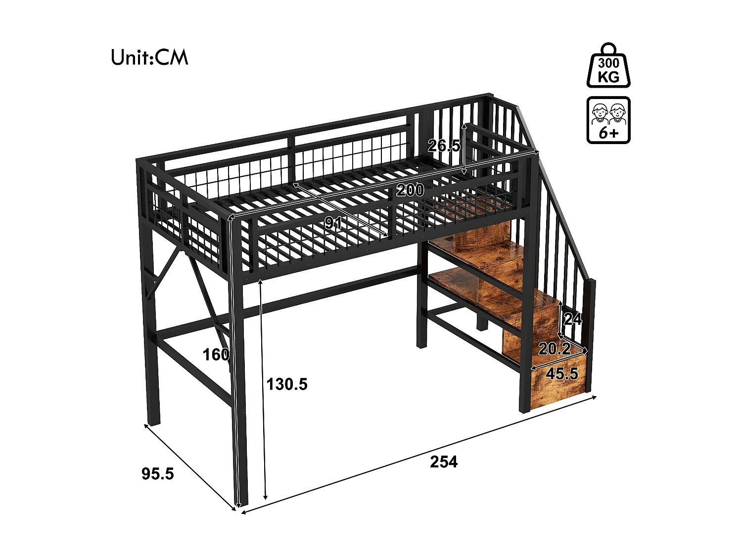 Lit mezzanine 90 x 200 cm - Structure en fer - Éclairage LED - Escalier - Noir (matelas non inclus)