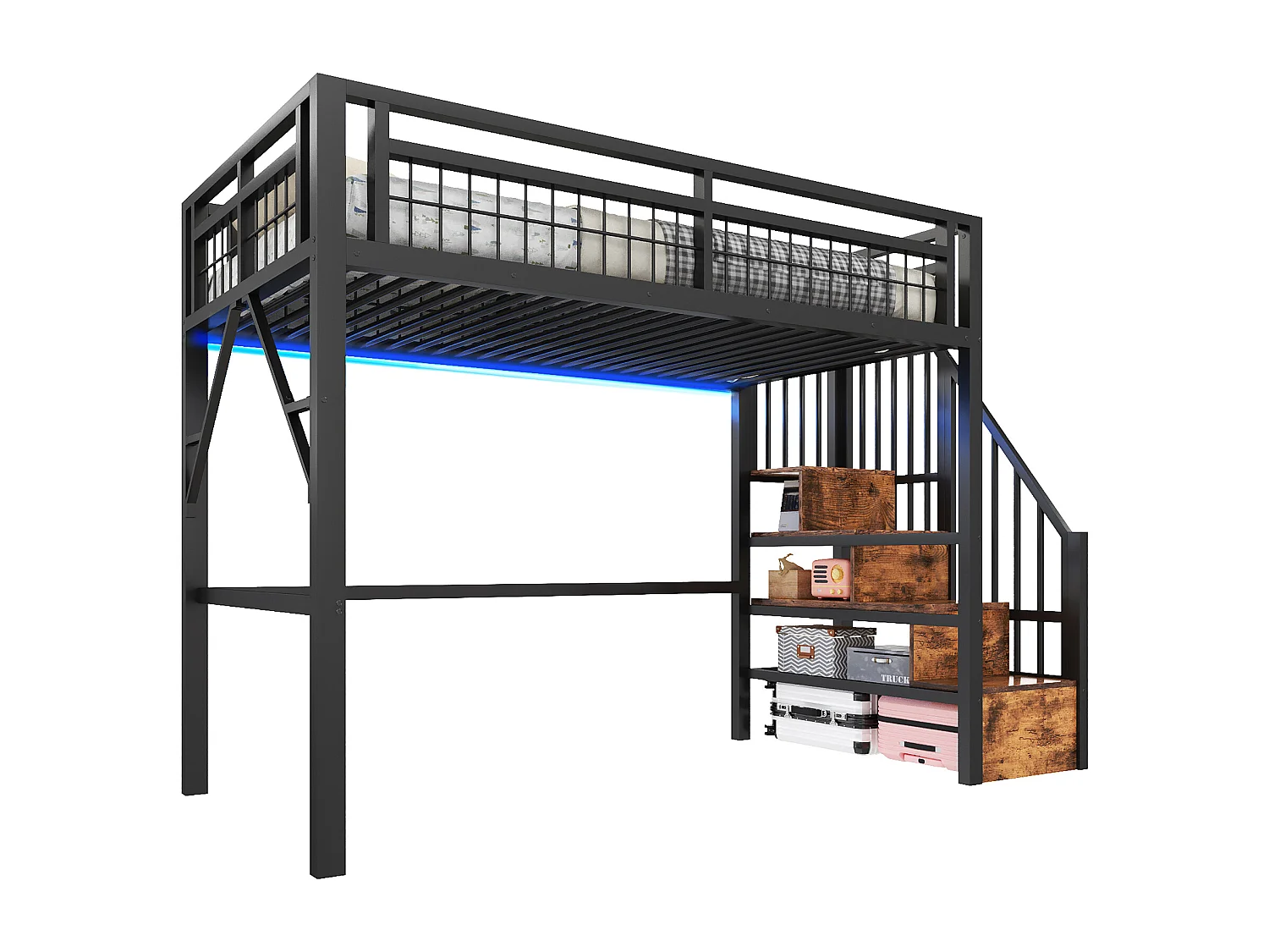 Lit mezzanine 90 x 200 cm - Structure en fer - Éclairage LED - Escalier - Noir (matelas non inclus)