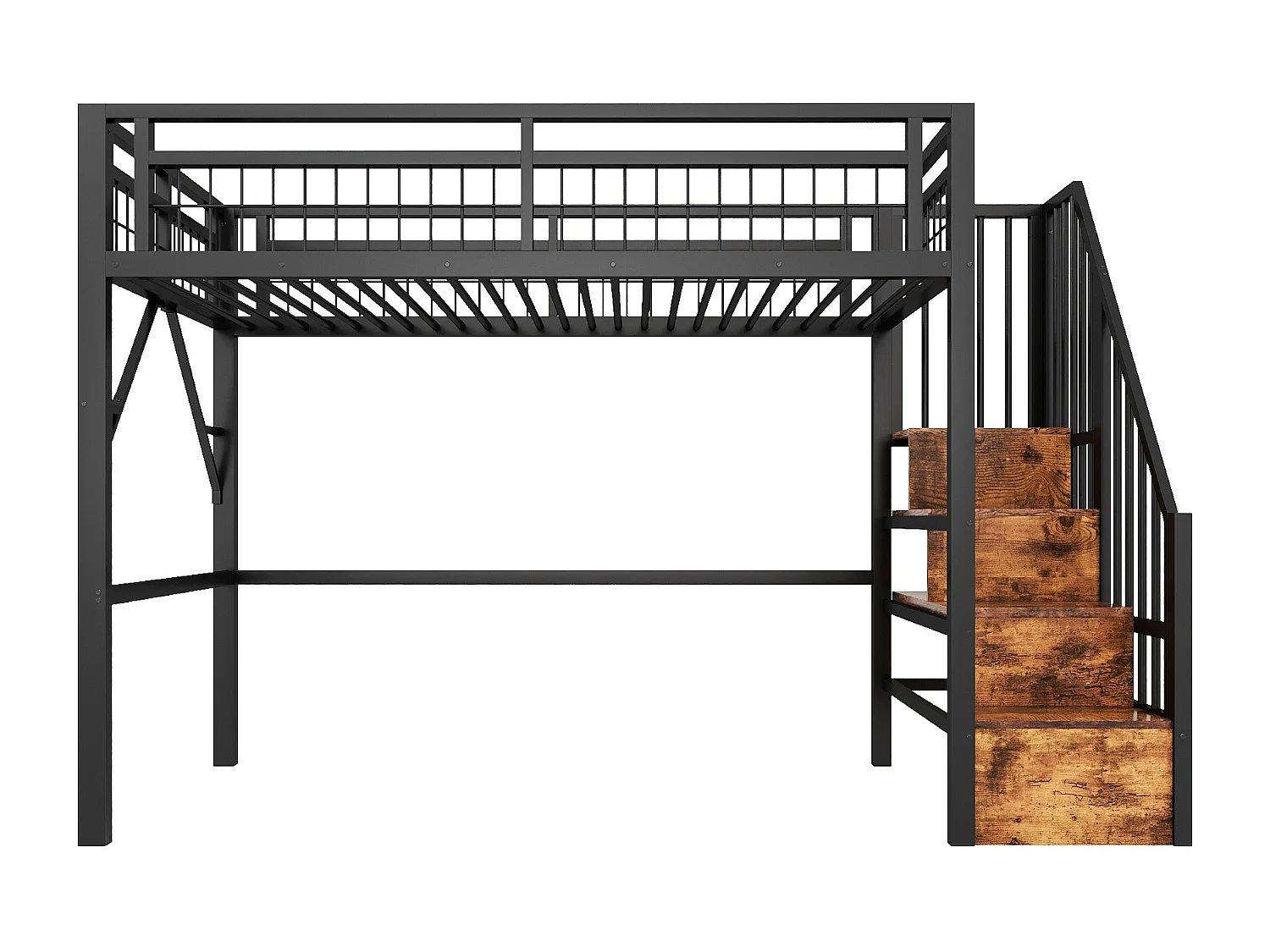 Lit mezzanine 90 x 200 cm - Structure en fer - Éclairage LED - Escalier - Noir (matelas non inclus)