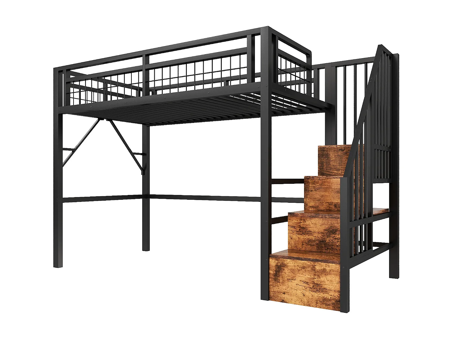 Lit mezzanine 90 x 200 cm - Structure en fer - Éclairage LED - Escalier - Noir (matelas non inclus)