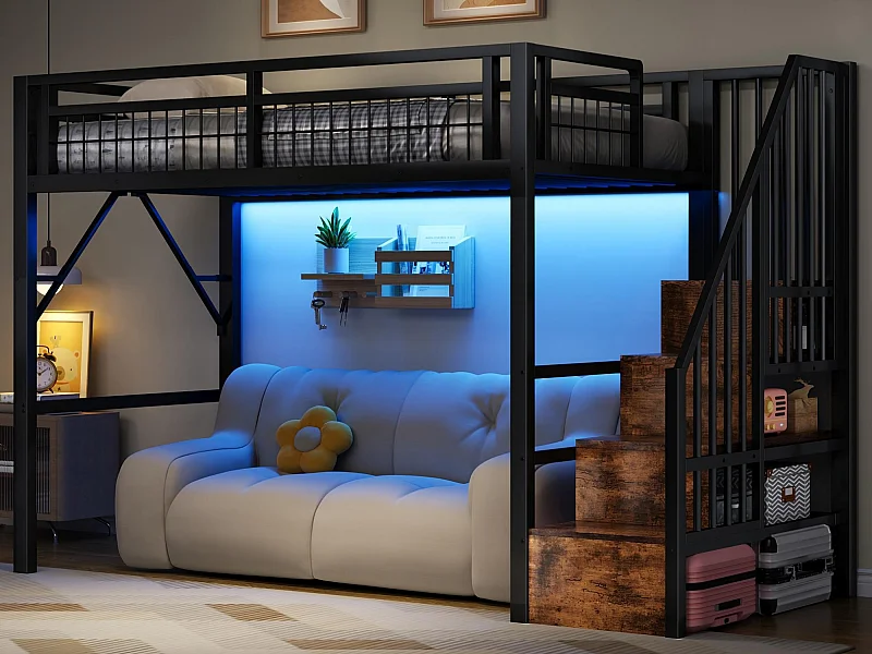 Lit mezzanine 90 x 200 cm - Structure en fer - Éclairage LED - Escalier - Noir (matelas non inclus)