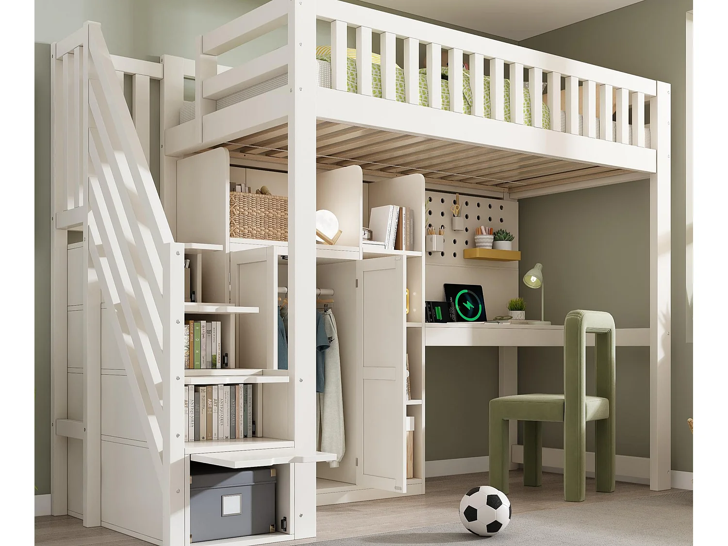 Hochbett 90x200 cm - Leiter mit Stauraum - mit Schreibtisch, Schrank und offenen Regalen - mit USB-Schnittstelle - Weiß​ (ohne Matratze)