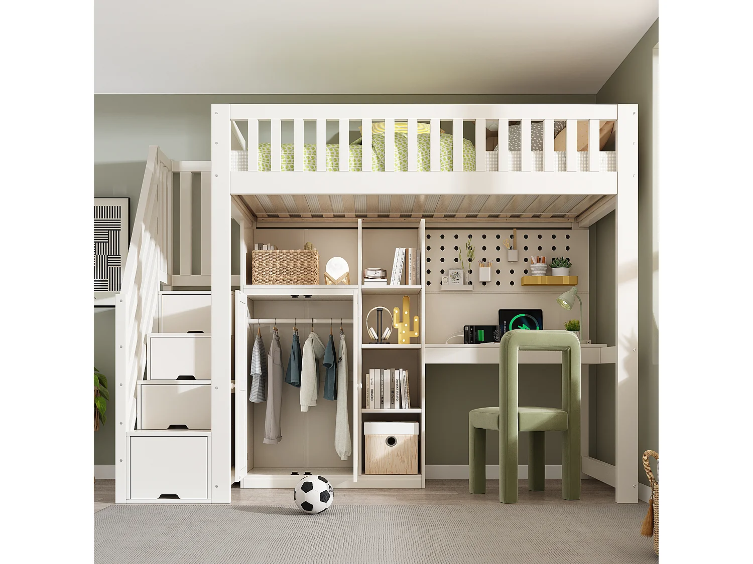 Hochbett 90x200 cm - Leiter mit Stauraum - mit Schreibtisch, Schrank und offenen Regalen - mit USB-Schnittstelle - Weiß​ (ohne Matratze)